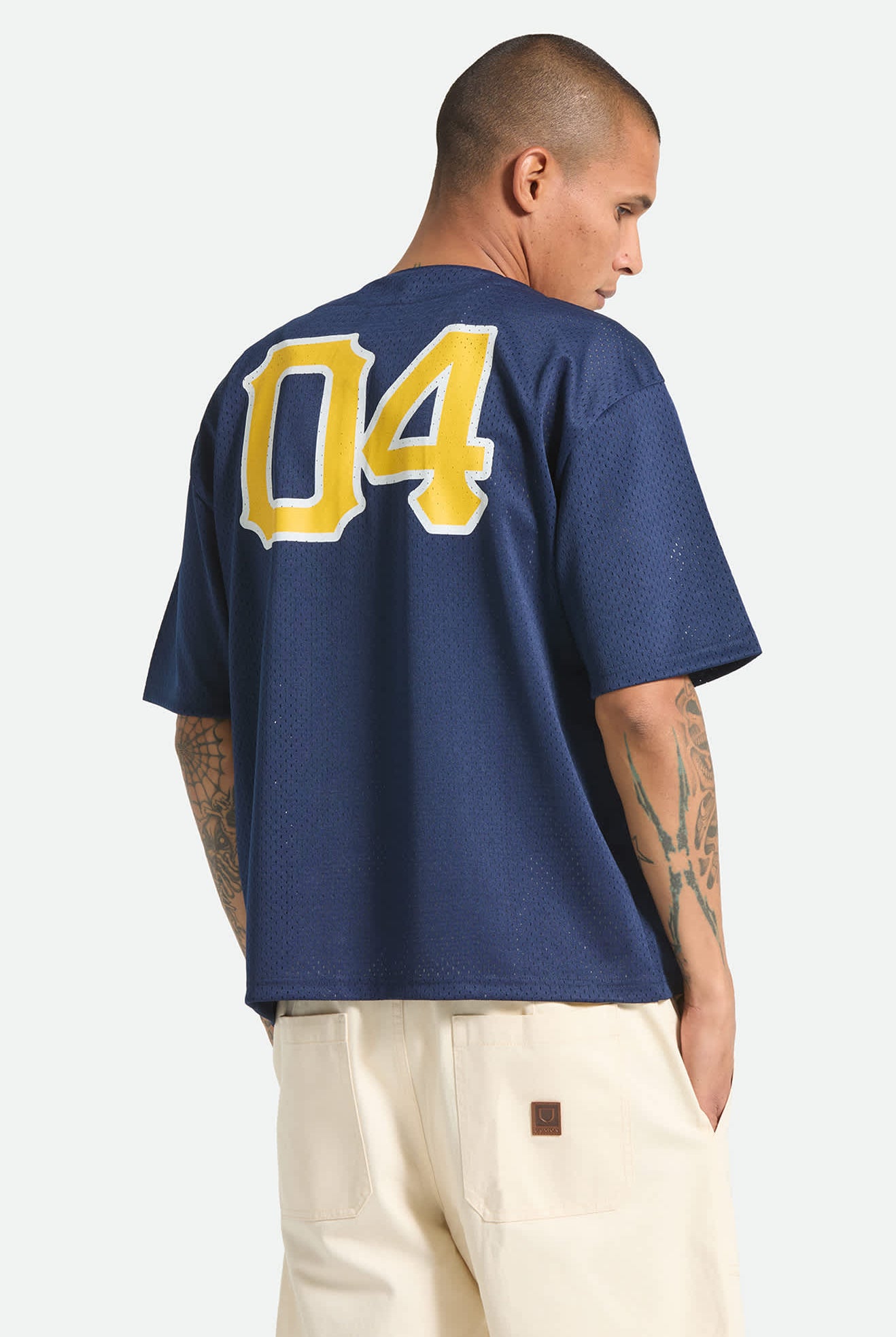 Men's The Brixton Mesh Short Sleeve Baseball Jersey in the color Washed Navy - Men's Back View