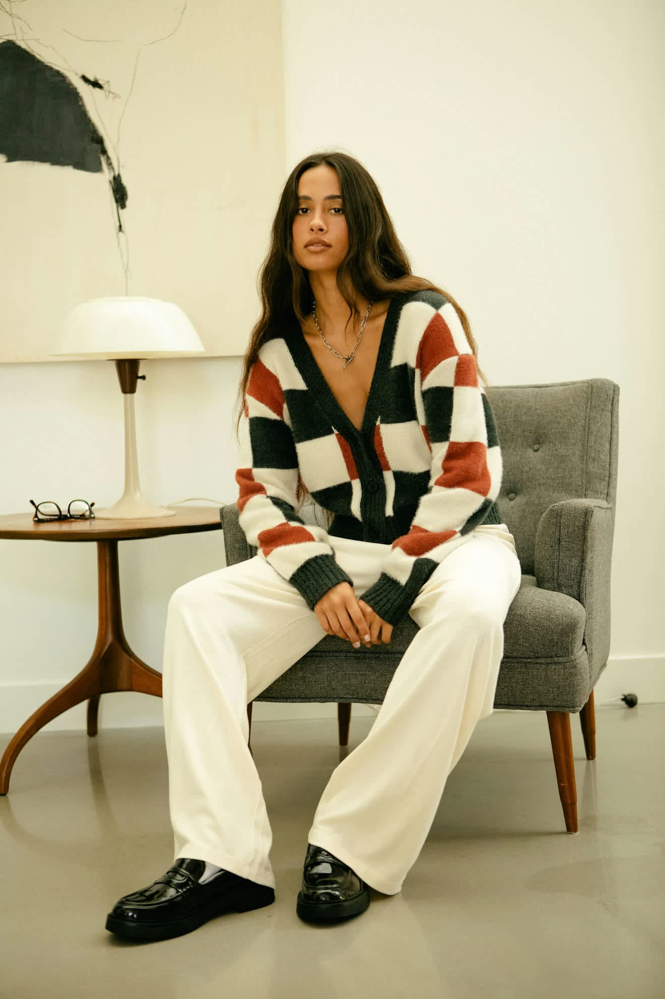 Women's Rivington Crew Cardigan in the color Cowhide/Whitecap/Black Check - Additional Fit image