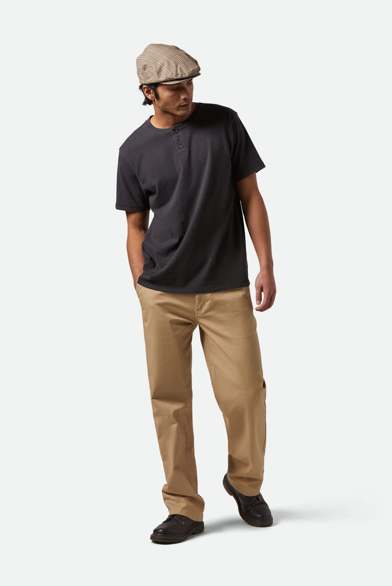 Unisex Vintage Reserve S/S Henley in the color Black Sol Wash - Additional Fit View