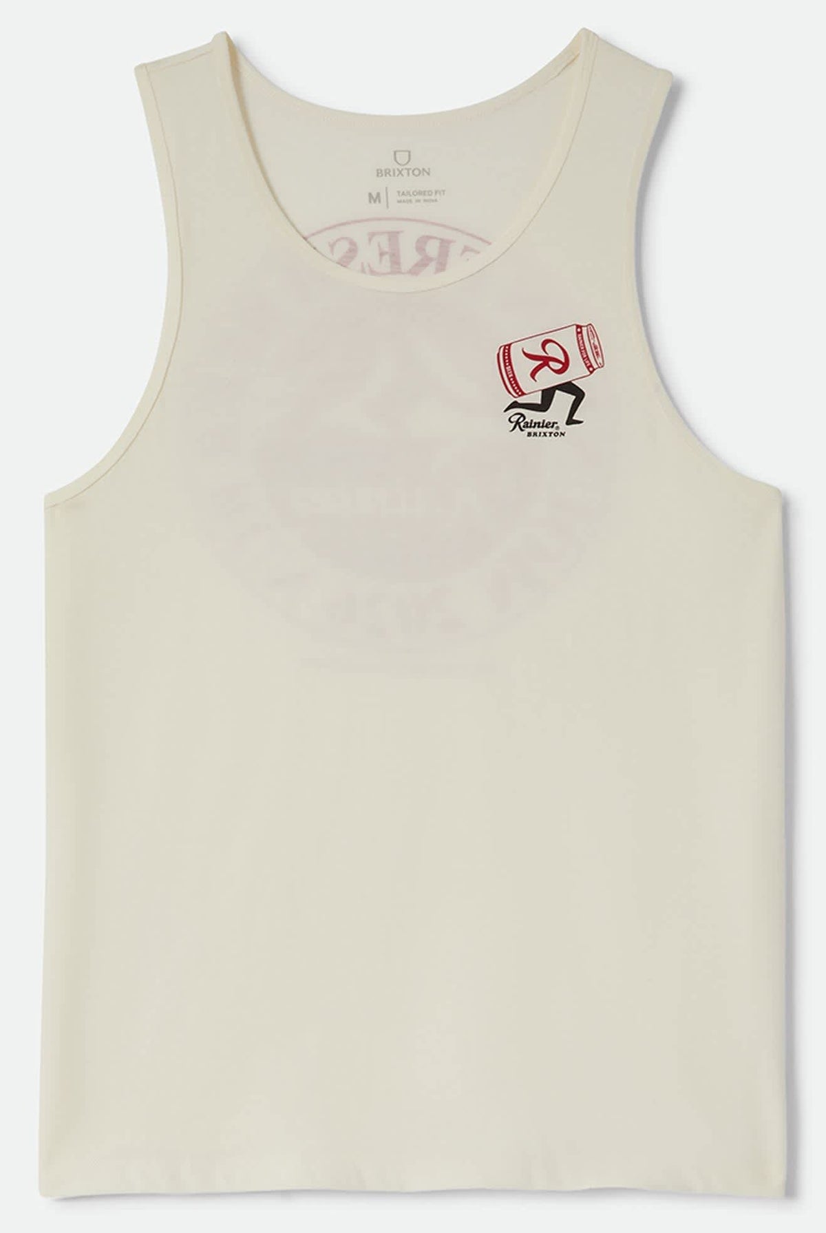 Men's Rainier Beer Run Tank in the color Natural - Front Product Laydown Image