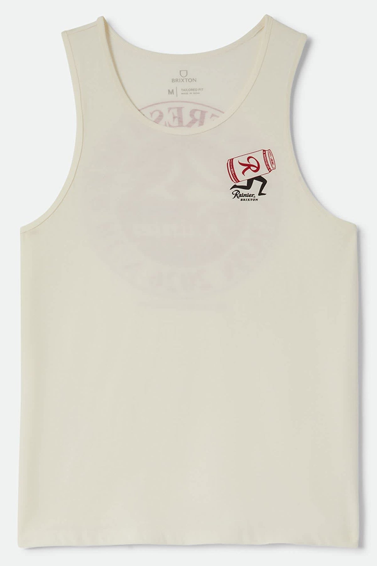 Men's Rainier Beer Run Tank in the color Natural - Front Product Laydown Image