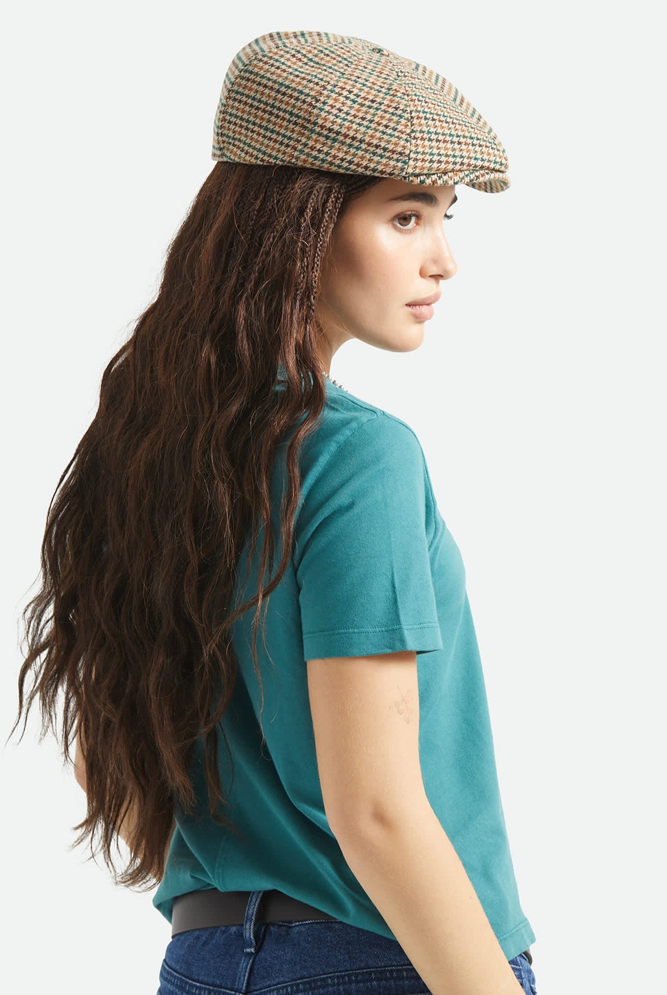 Unisex Brood Newsboy Cap in the color Dusted Ochre/Khaki/Verdant Green - Women's Back View