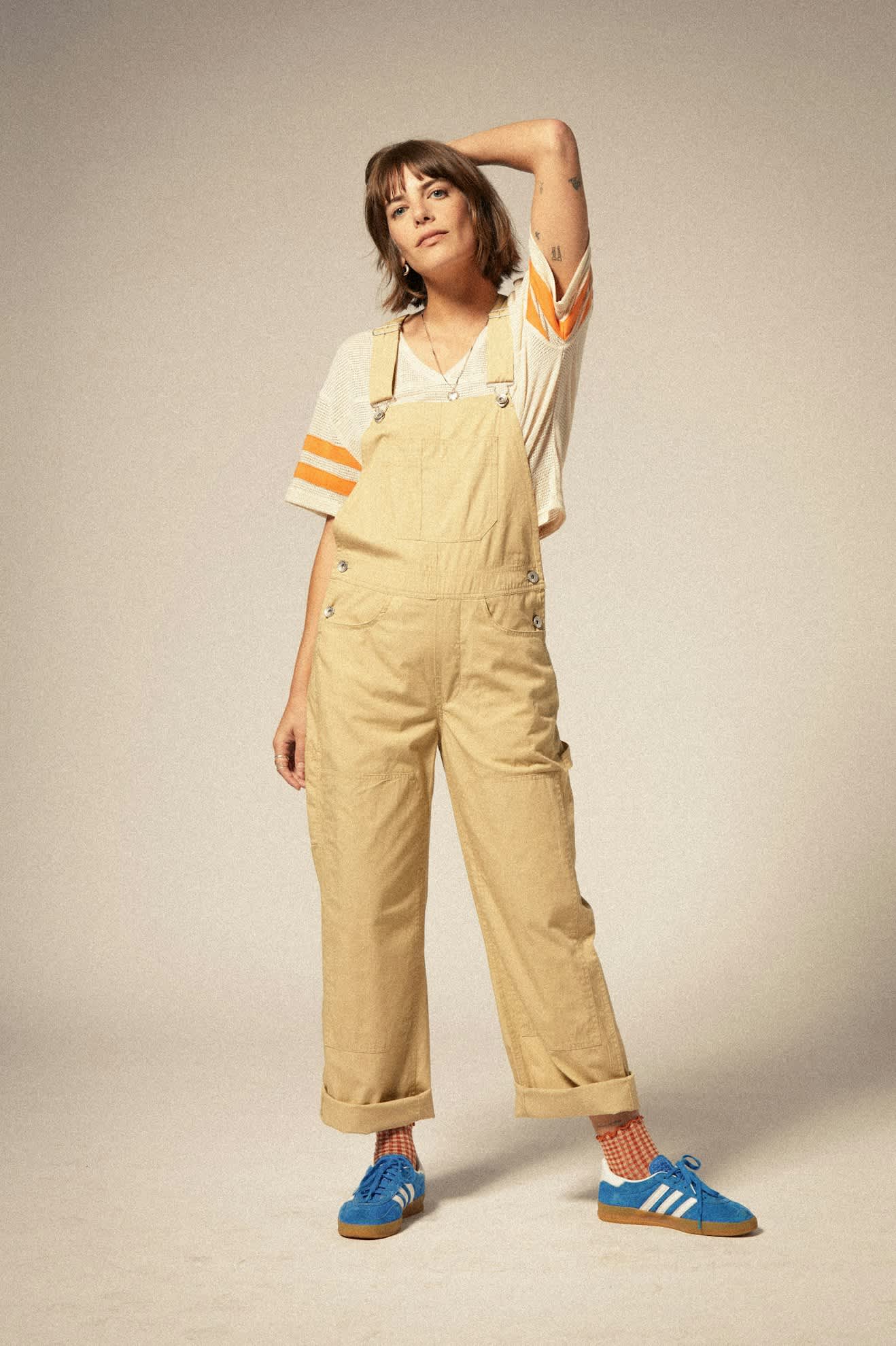 Women's Utility Overall in the color Pale Khaki - Additional Fit View
