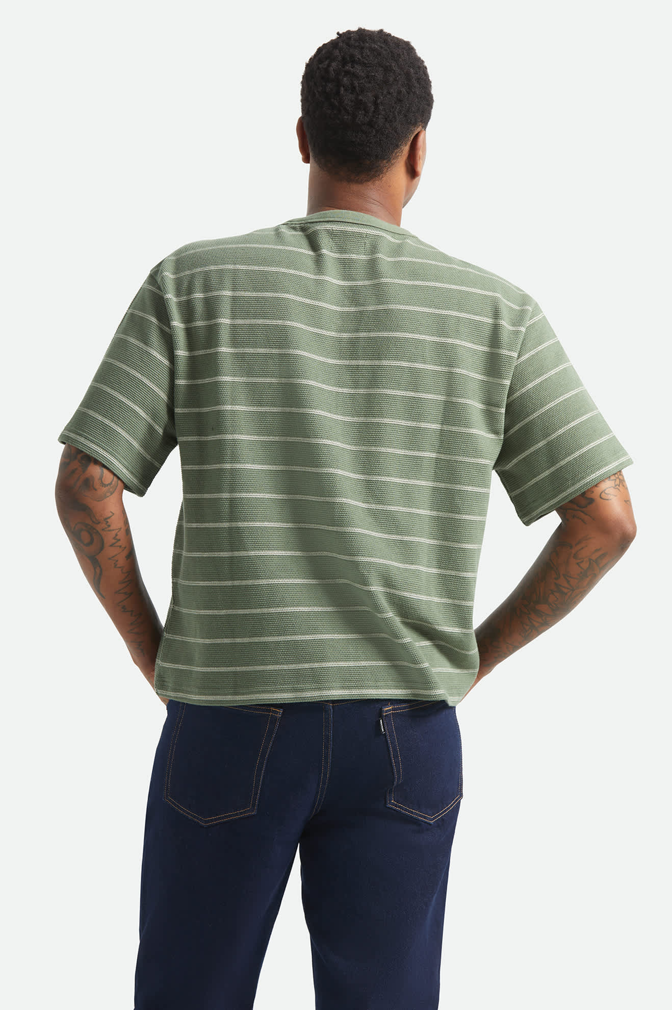 Men's Parsons Stripped Pique Boxy T-Shirt in the color Dark Olive/Whitecap - Men's Back View