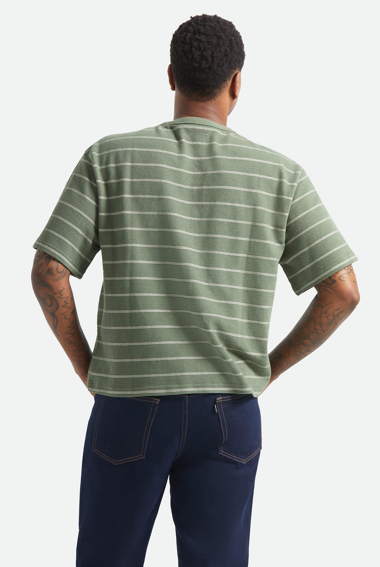 Men's Shield Pique Boxy T-Shirt in the color Dark Olive/Whitecap - Men's Back View