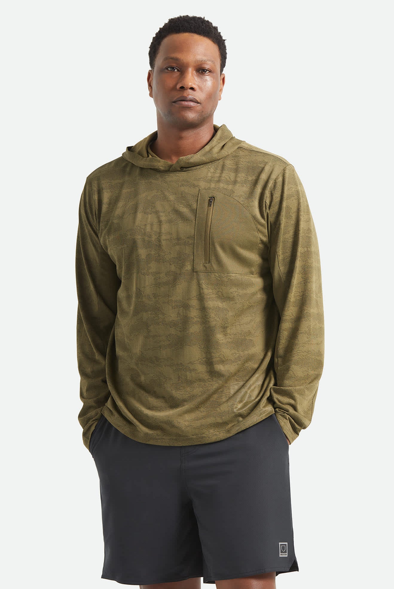Men's Journey Long Sleeve Sun Hoodie in the color Olive Tiger Camo - Men's Front View