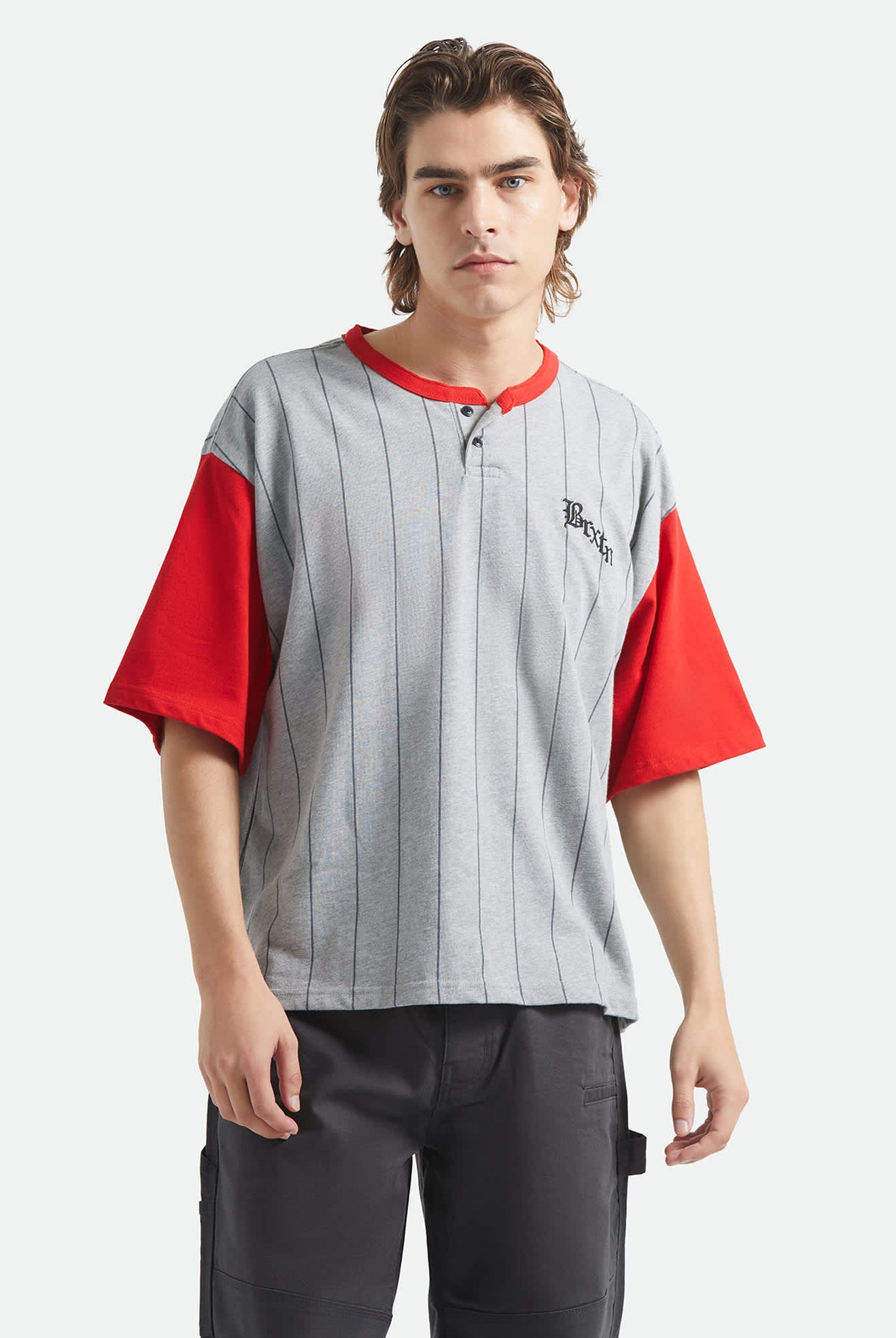 Men's Boxy Short Sleeve Baseball T-Shirt in the color Heather Grey/Adrenaline Rush - Men's Front View