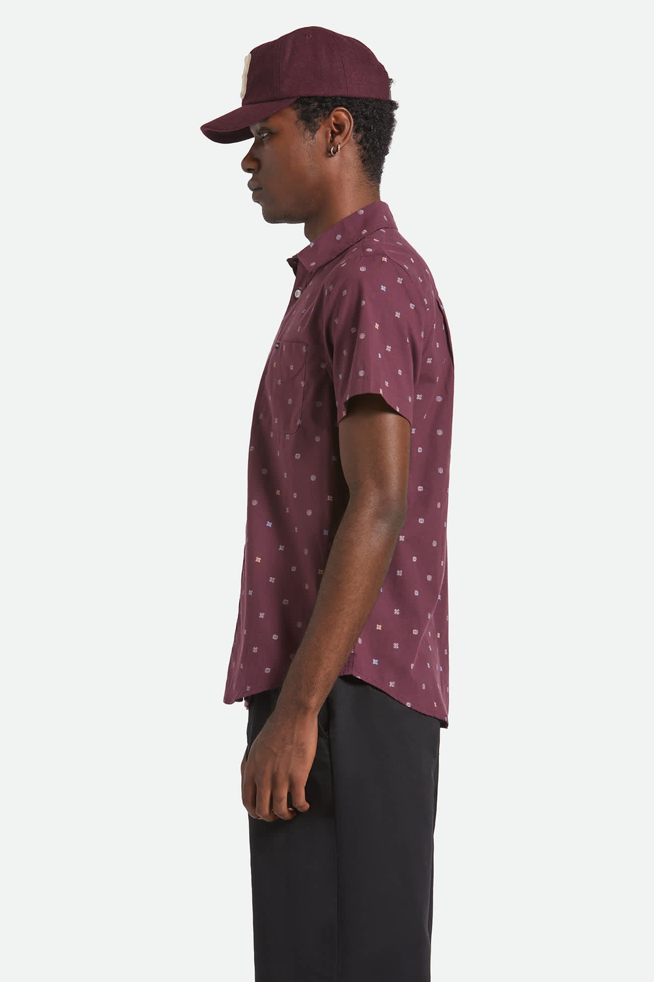 Men's Charter Print S/S Shirt in the color Port/Micro Geo - Men's Side View