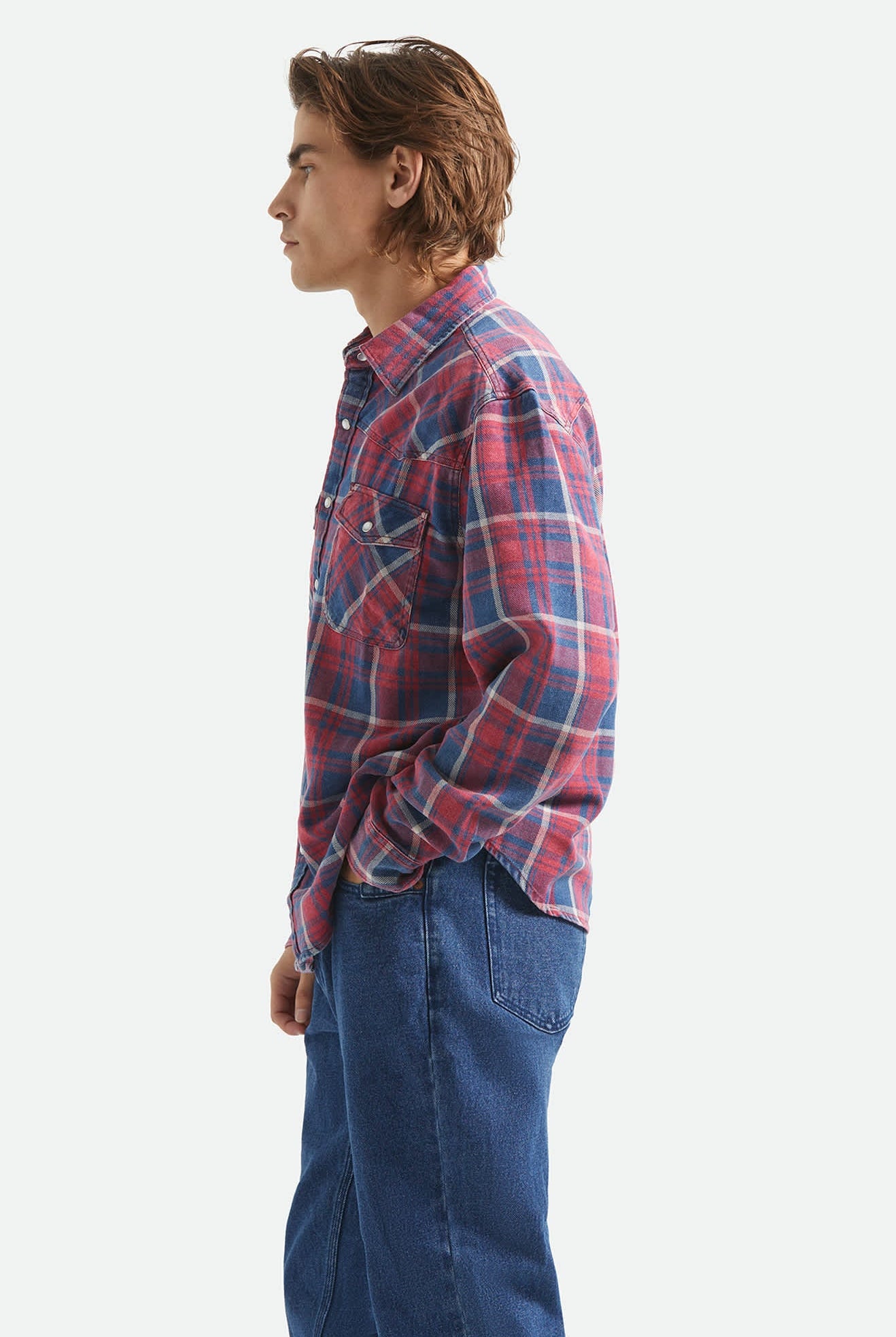 Men's Waylon Lightweight Overshirt in the color Denim Plaid - Men's Side View