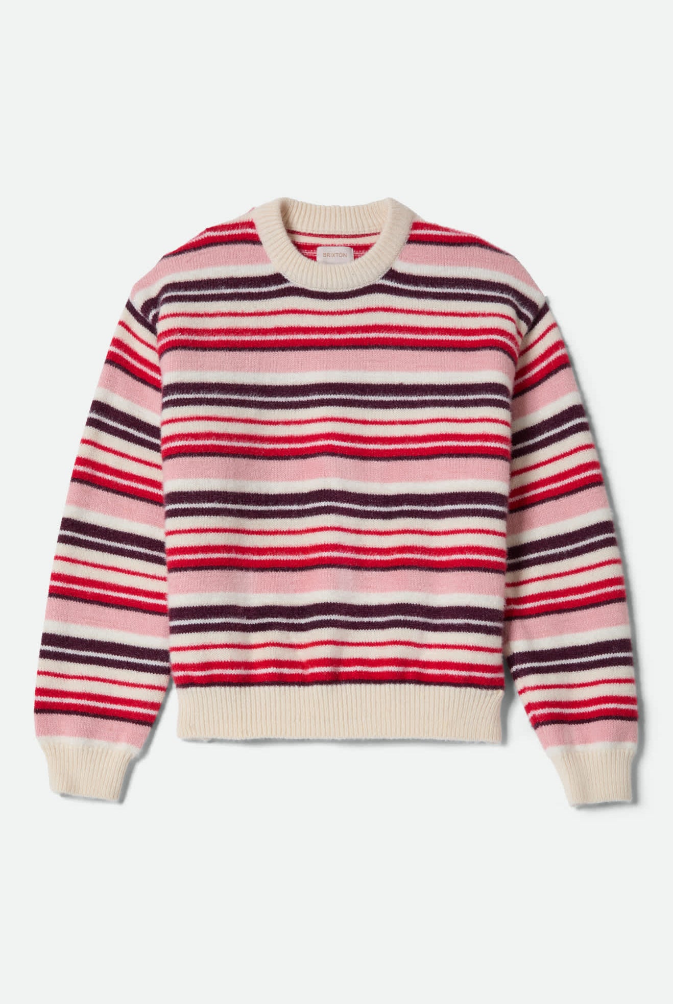 Women's Cozy Crew Sweater in the color Mellow Rose Multi Stripe - Front Product Laydown Image