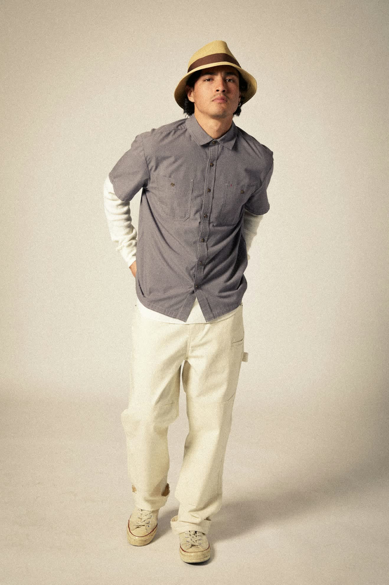 Men's CRU Micro Plaid Relaxed S/S Shirt in the color Washed Navy Micro Plaid - Additional Fit image