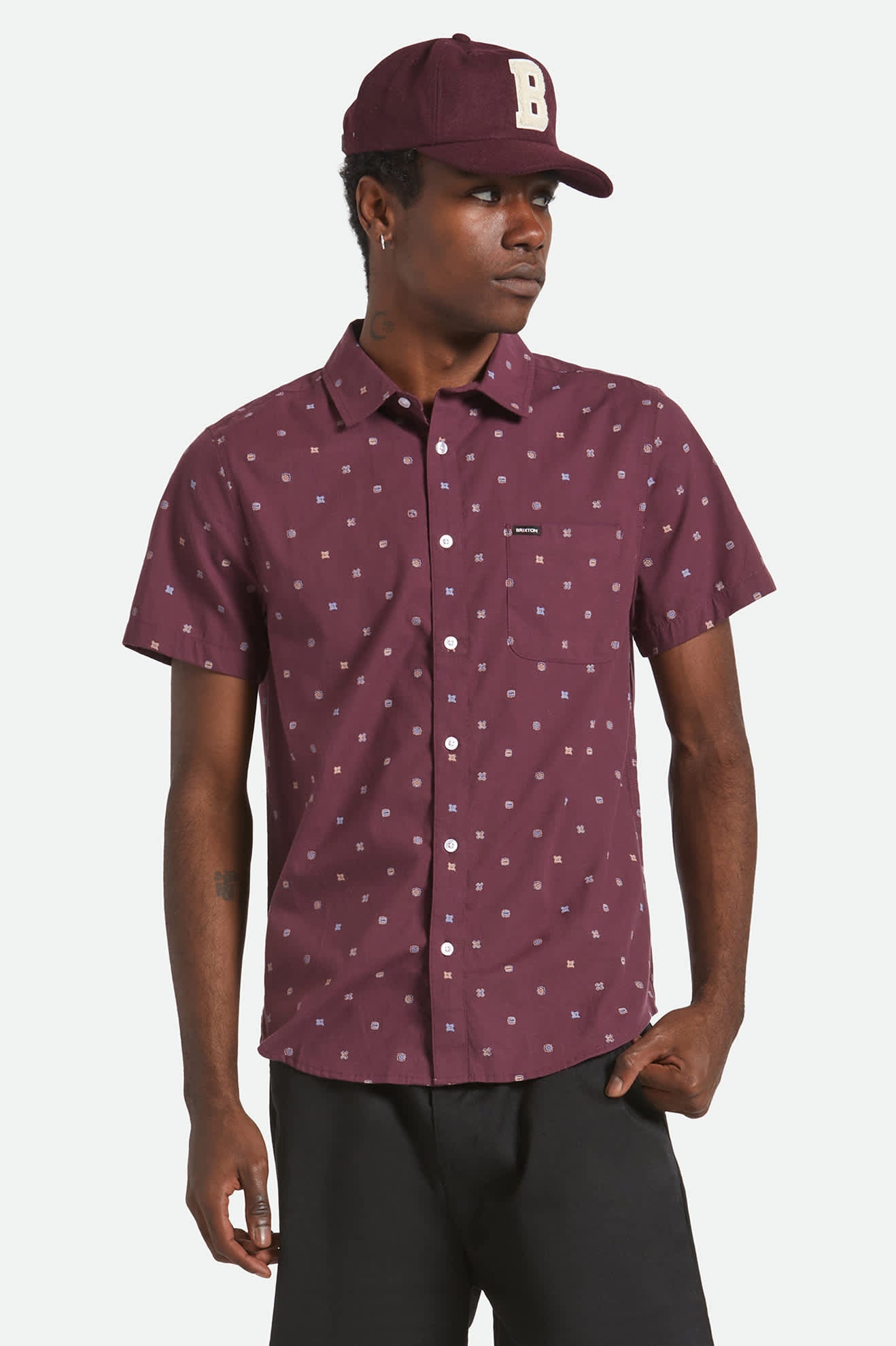 Men's Charter Print S/S Shirt in the color Port/Micro Geo - Men's Front View