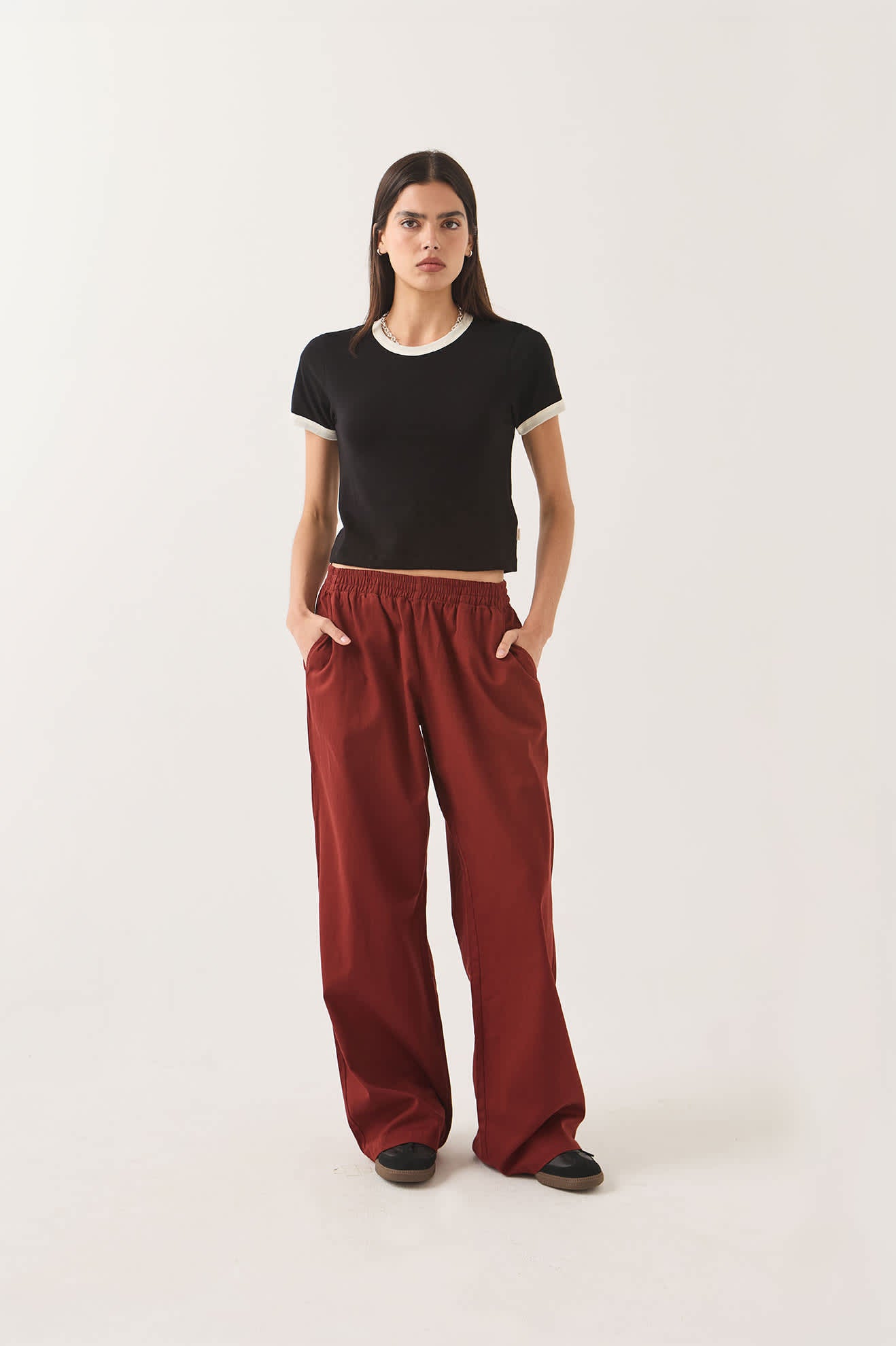 Women's Carefree Organic Garment Dye Ringer T-Shirt in the color Black/Off White - Women's Front Fit Image