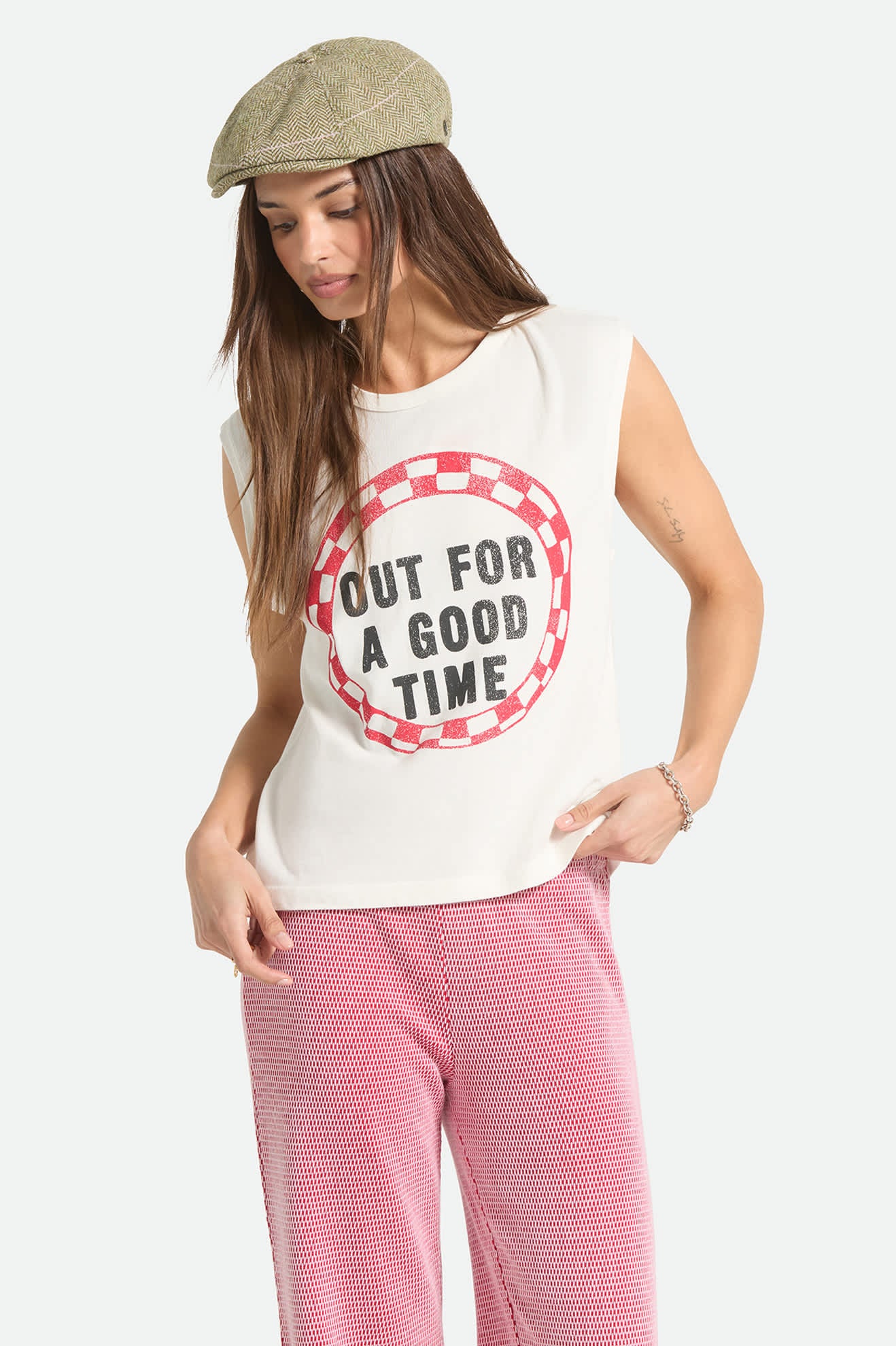 Women's Out For A Good Time Muscle Tank in the color Off White - Additional Fit image