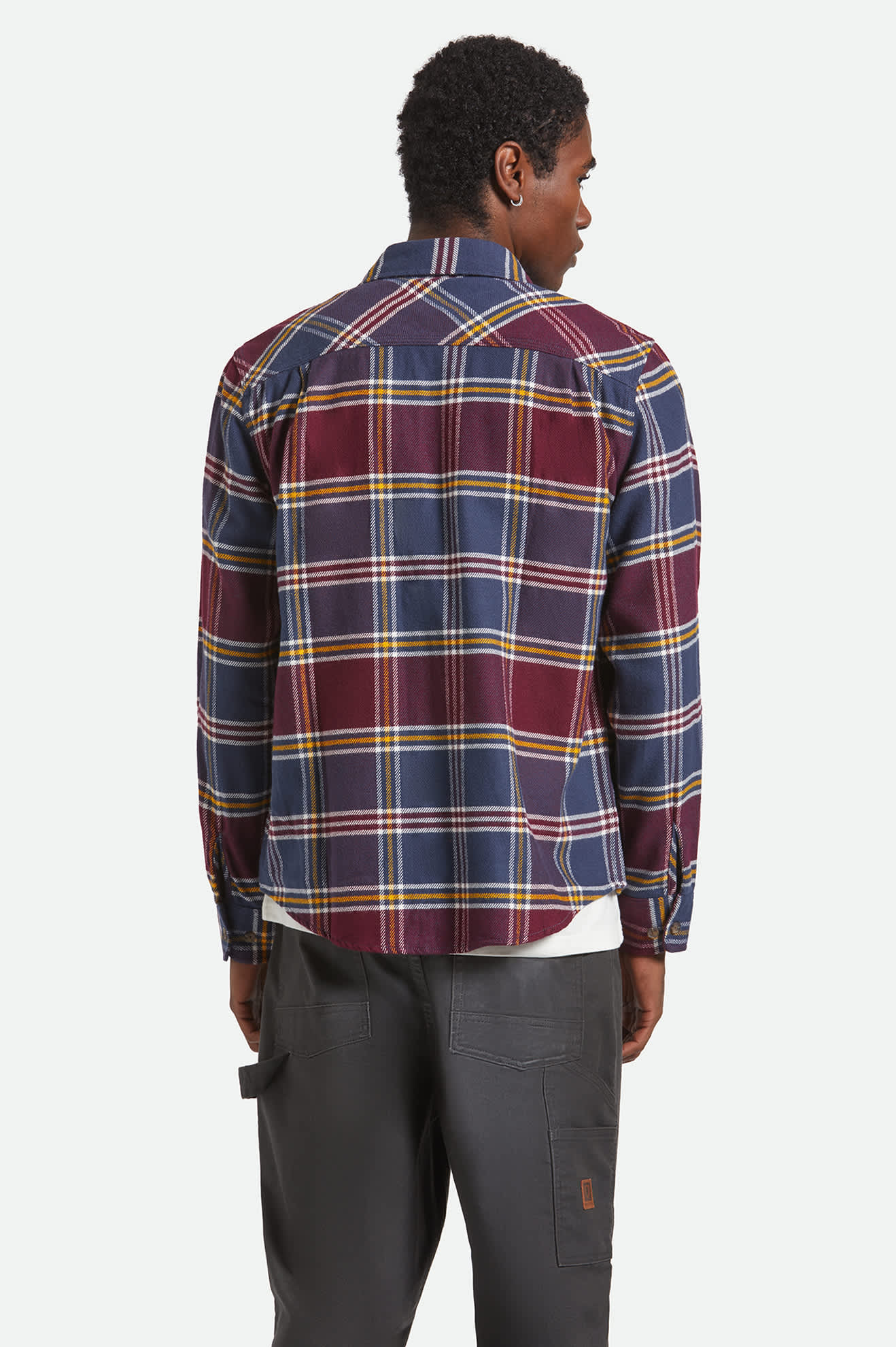 Men's Bowery L/S Flannel in the color Mood Indigo/Port/Saffron - Men's Back View