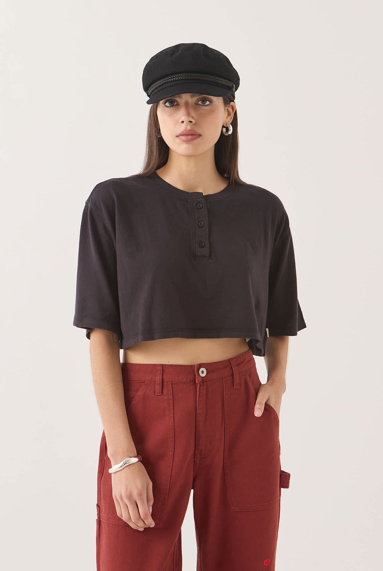 Women's Carefree Organic Garment Dye Cropped Henley in the color Black - Women's Front Fit Image