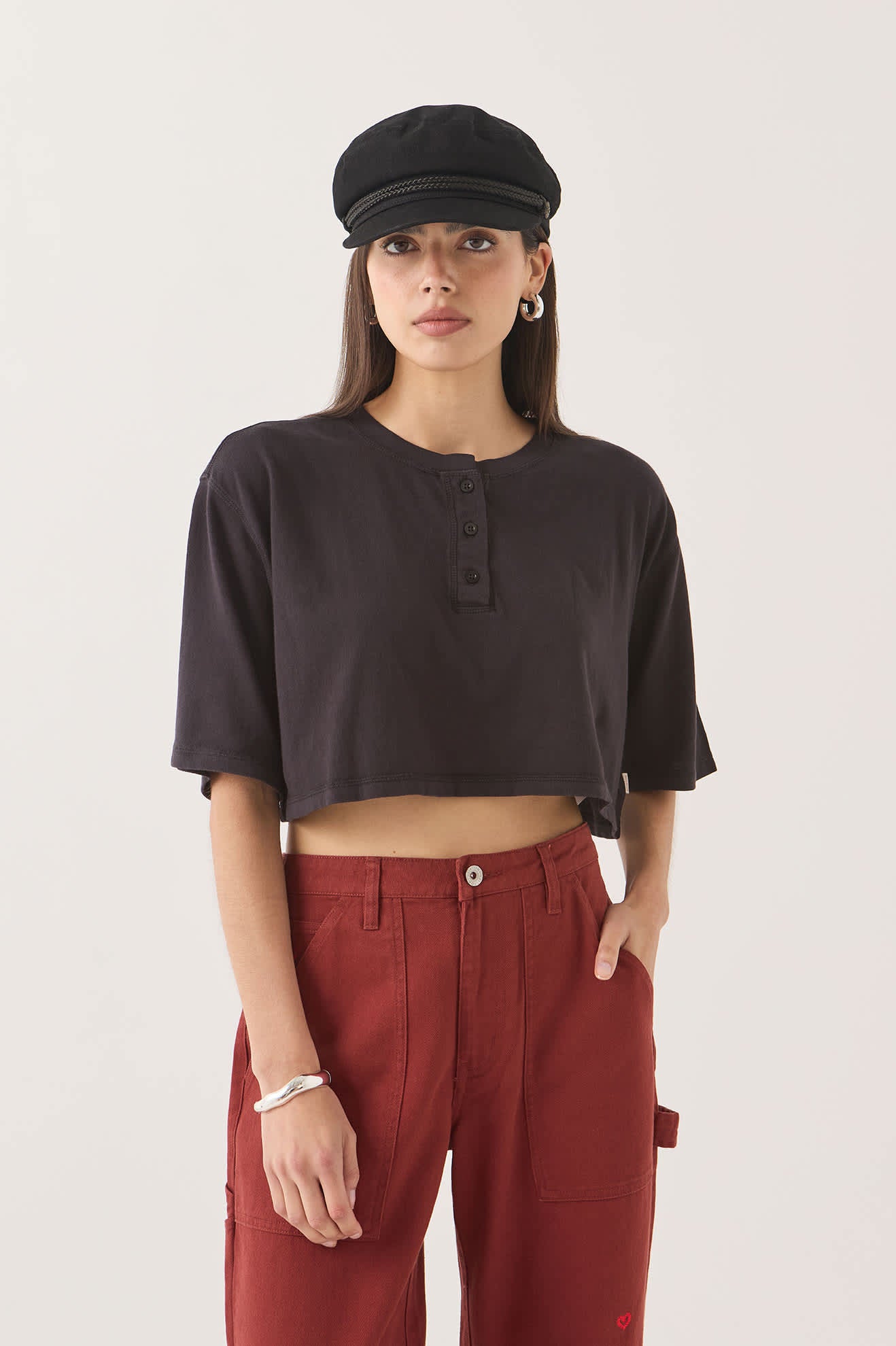 Women's Carefree Organic Garment Dye Cropped Henley in the color Black - Women's Front Fit Image