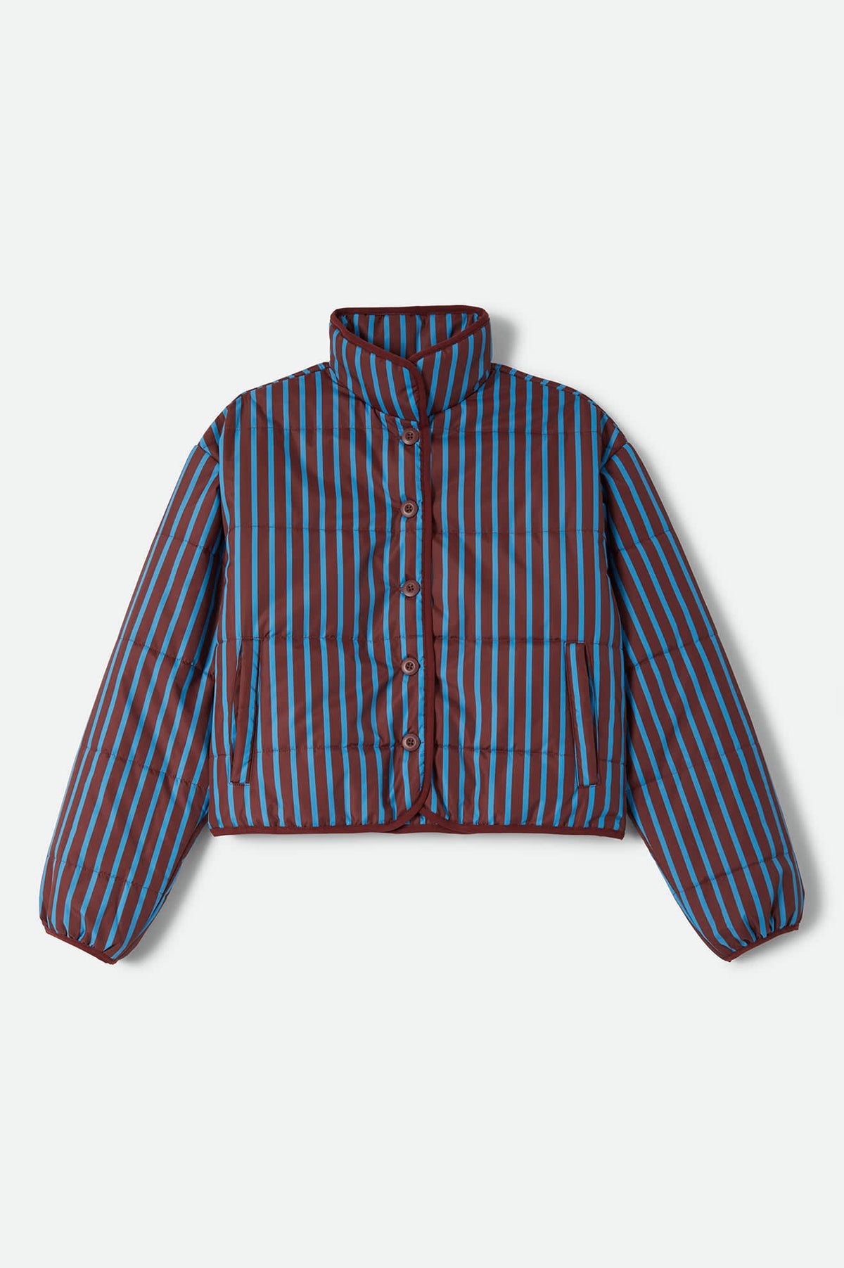 Women's Delilah Mock Neck Jacket in the color Dark Brick/Electric Indigo Stripe - Front Product Laydown Image