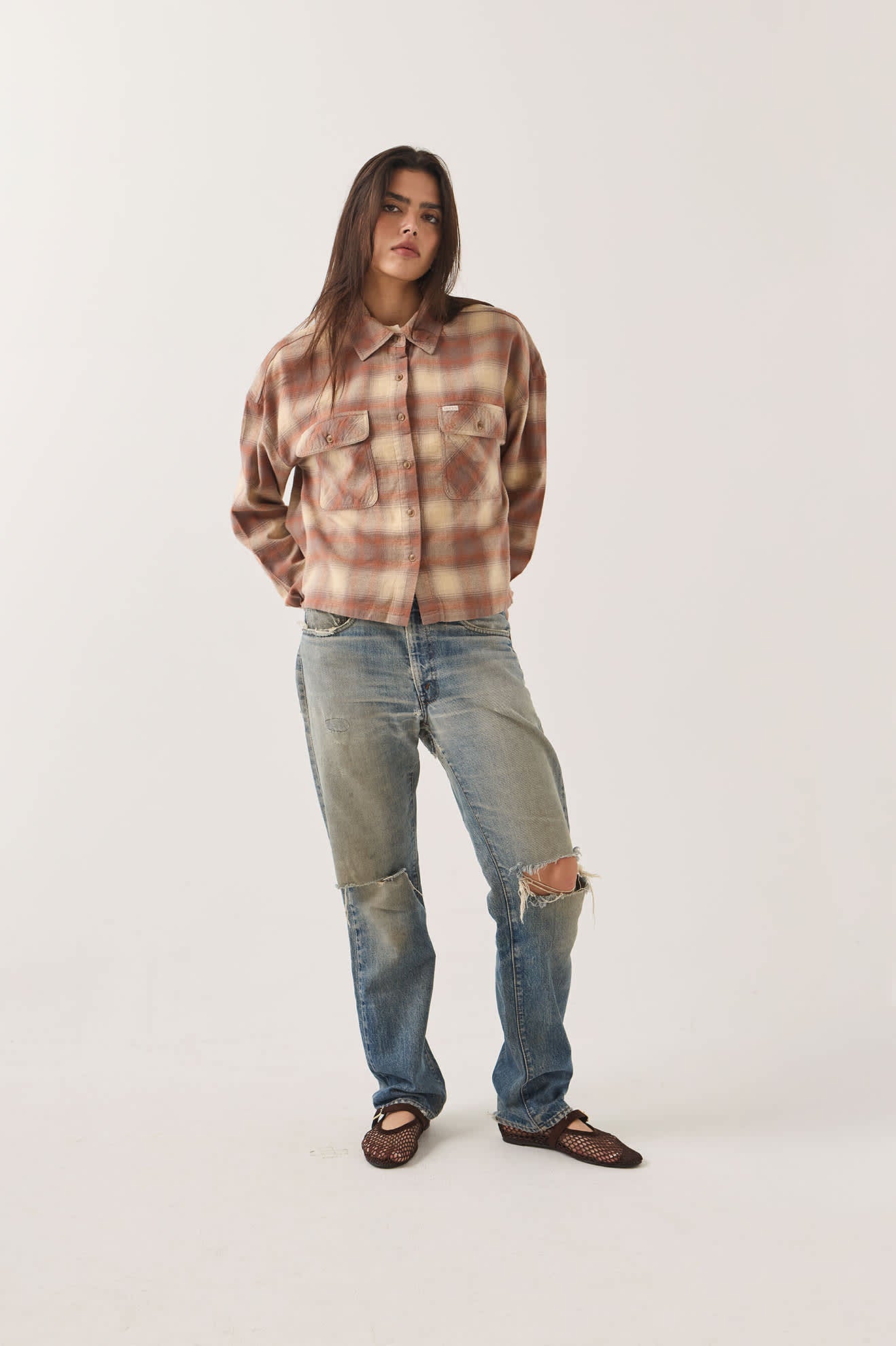Women's Bowery Crop Women's Overshirt in the color Soft Tan Window Plaid - Women's Front Fit Image