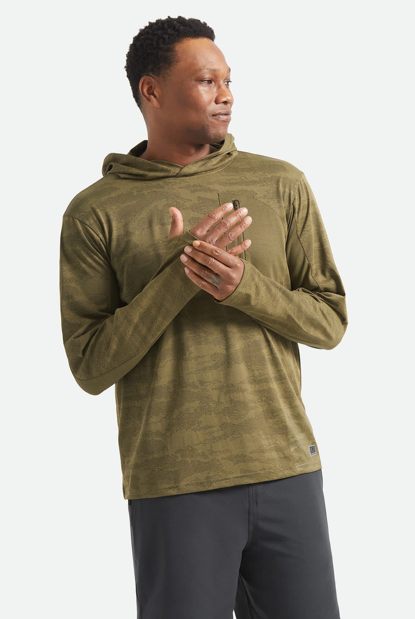 Men's Journey Long Sleeve Sun Hoodie in the color Olive Tiger Camo - Additional Fit image