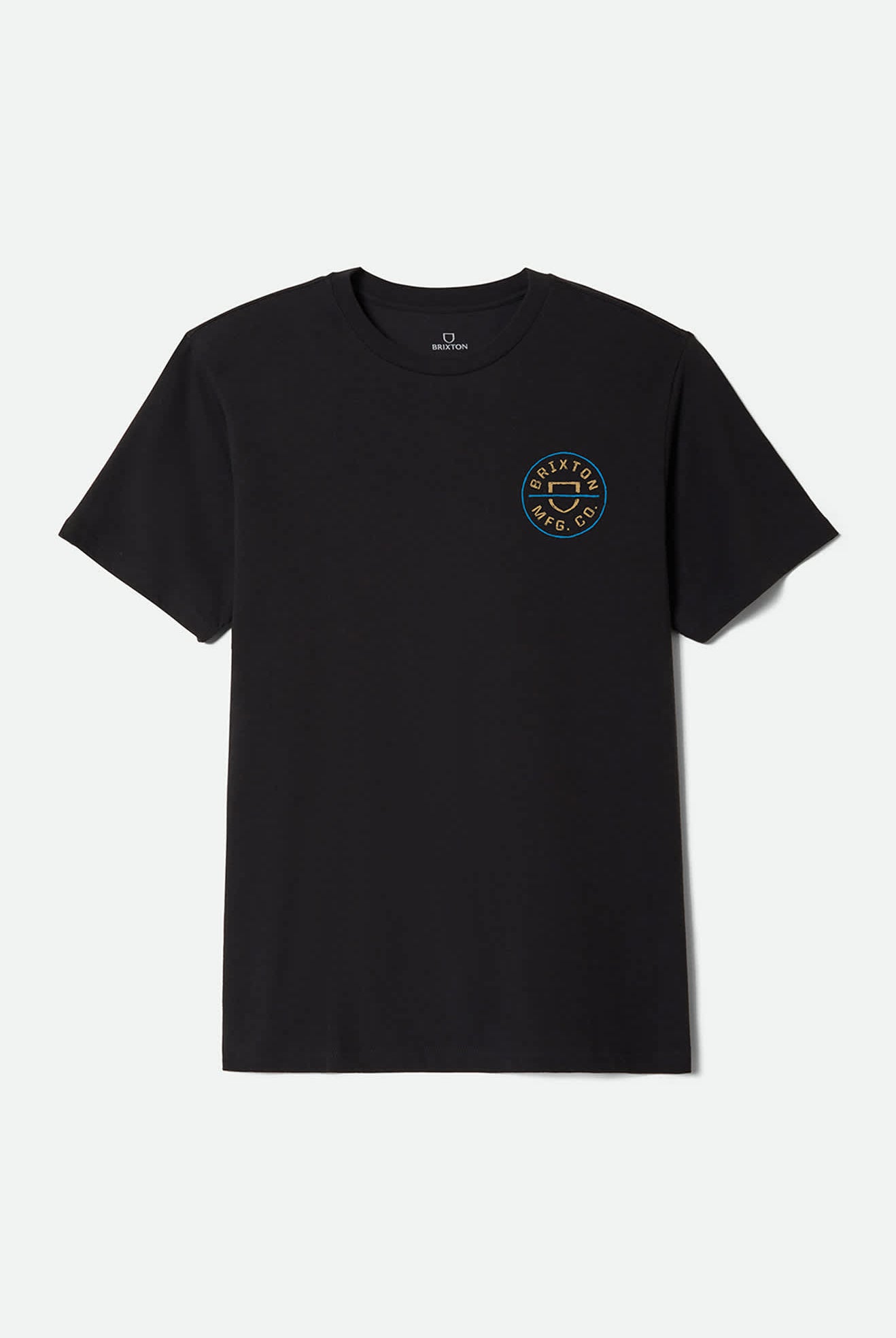 Men's Crest II Short Sleeve Standard T-Shirt in the color Black/Copper/Medium Blue - Front Product Laydown Image
