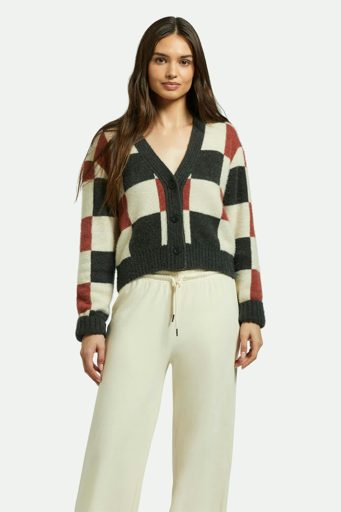 Women's Rivington Crew Cardigan in the color Cowhide/Whitecap/Black Check - Women's Front View