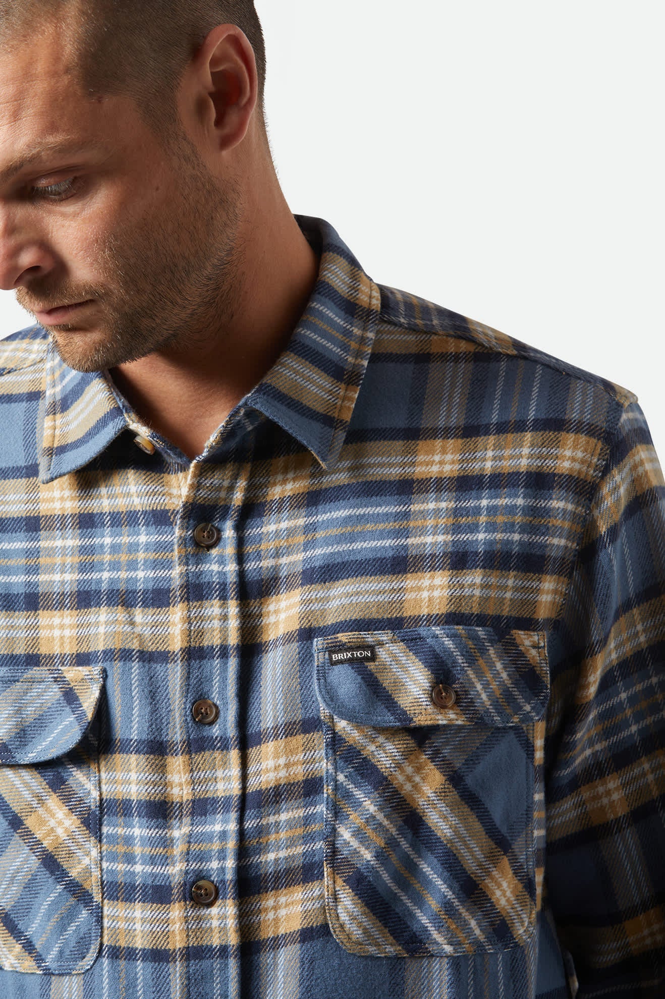 Men's Bowery L/S Flannel in the color Azure Blue/Washed Navy/Sand - Additional Fit image
