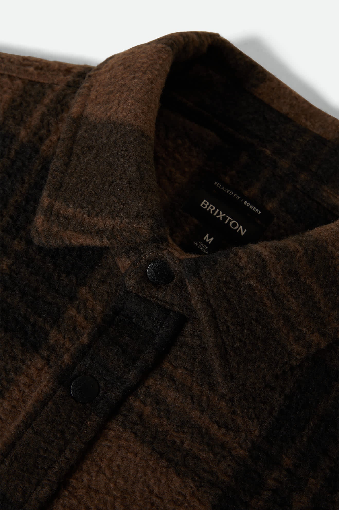 Men's Bowery Woodburn L/S Arctic Stretch Fleece in the color Burro Brown/Black Plaid - Additional Laydown image