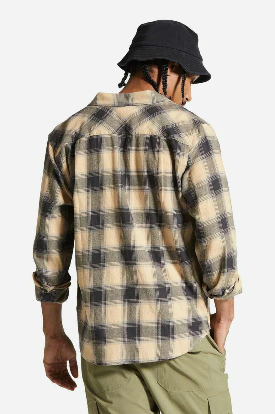 Men's Fit, Back View | Bowery Lightweight Ultra Soft L/S Flannel - Oat Milk/Cinder Grey