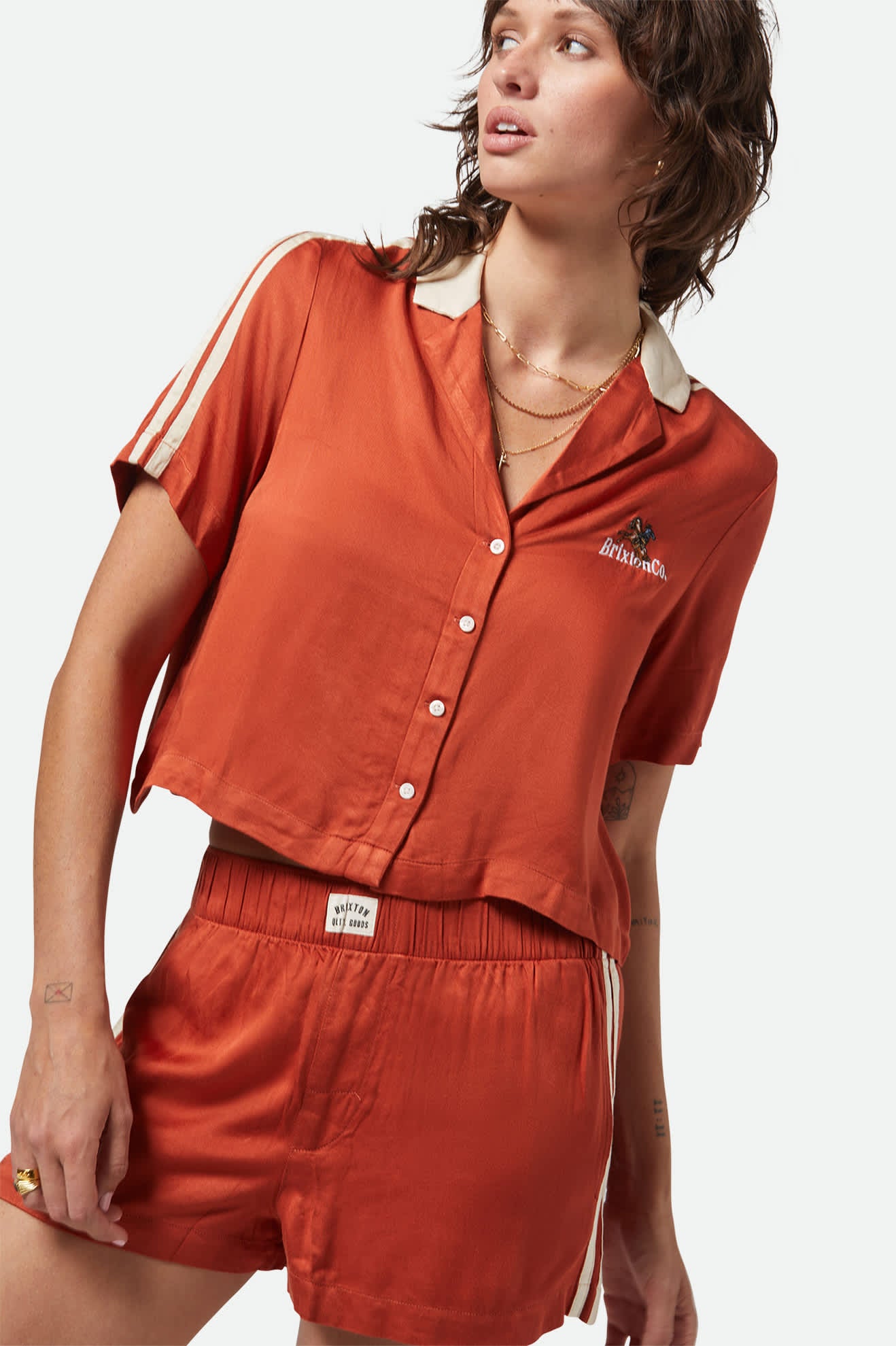 Women's Silky S/S Bowling Button Down in the color Burnt Brick - Women's Front View