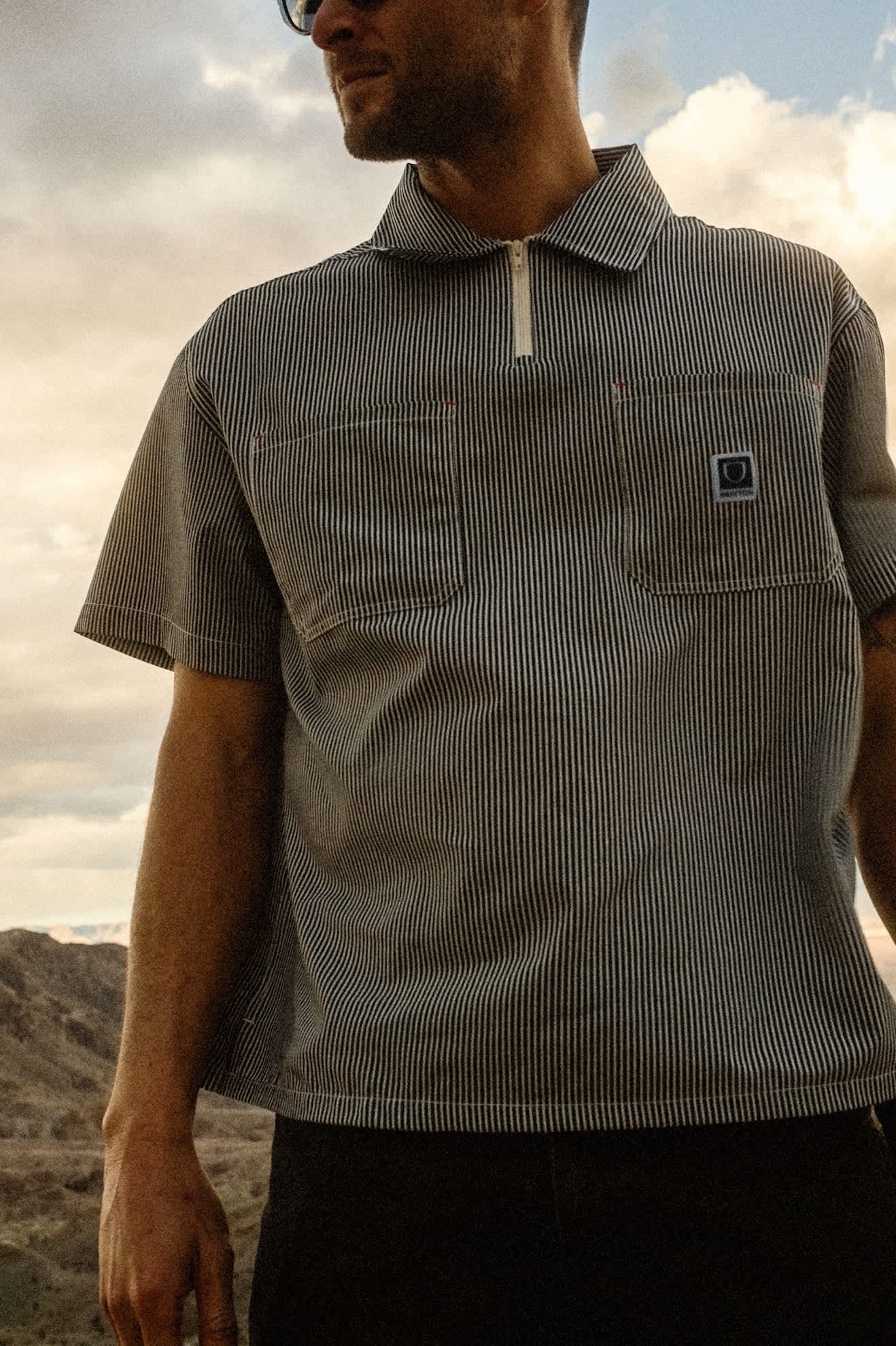 Men's Journey Lightweight 1/2 Zip Cropped Short Sleeve Shirt in the color Navy/White Stripe - Men's Lifestyle image