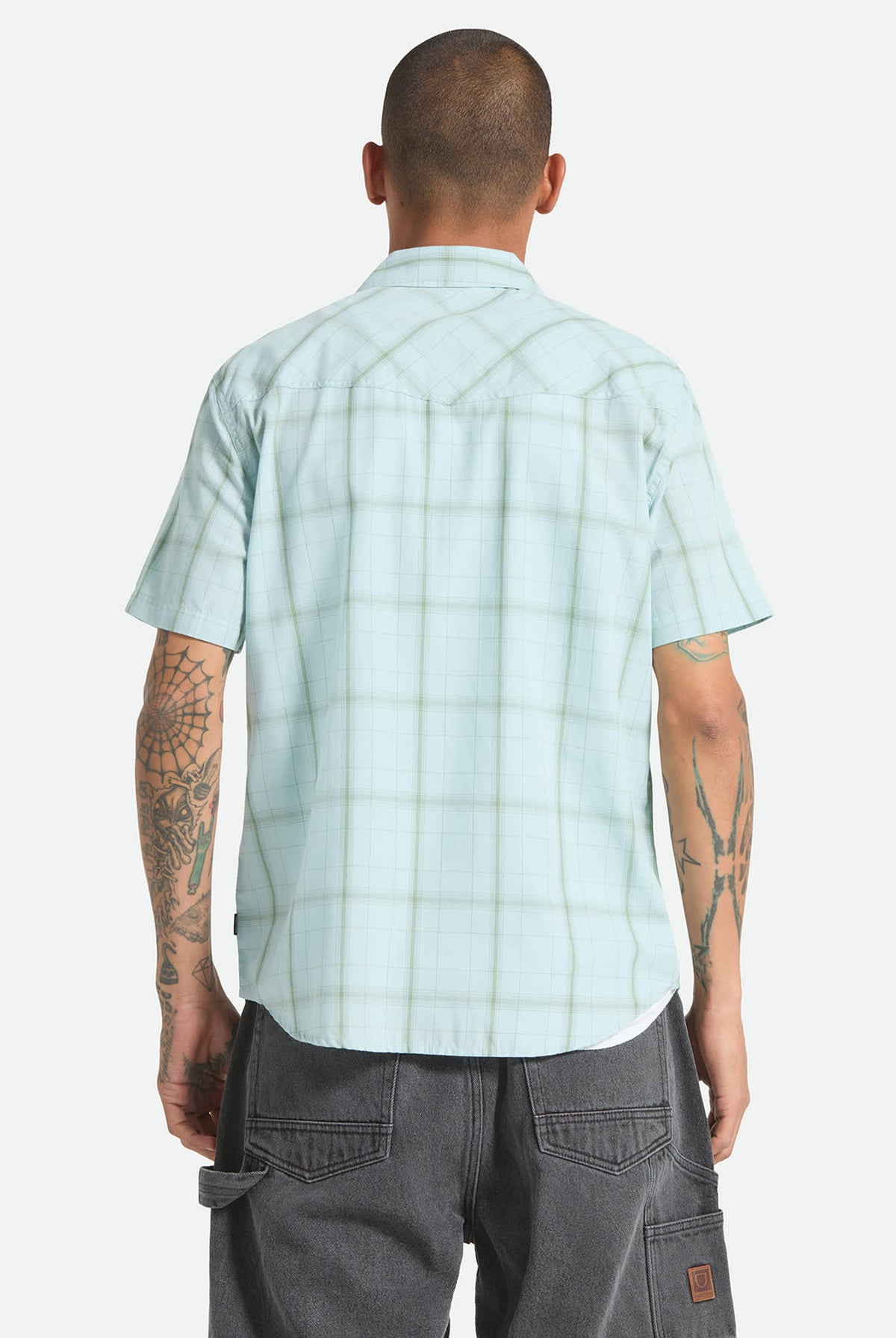 Men's The Breezy Wayne Short Sleeve Shirt in the color Seafoam Plaid - Men's Back View