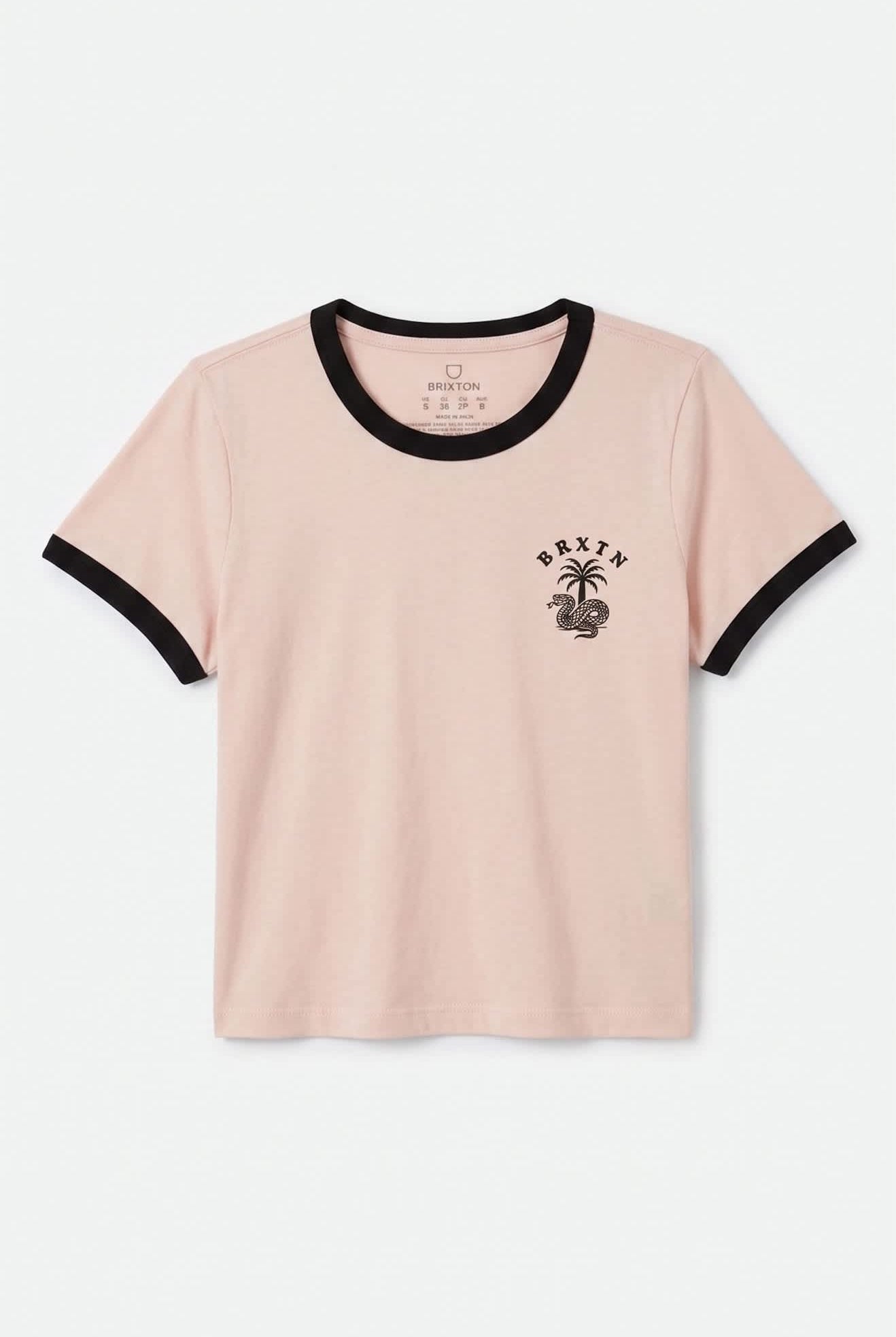 Women's Serpent Baby T-Shirt in the color Chalk Pink/Black - Front Product Laydown Image