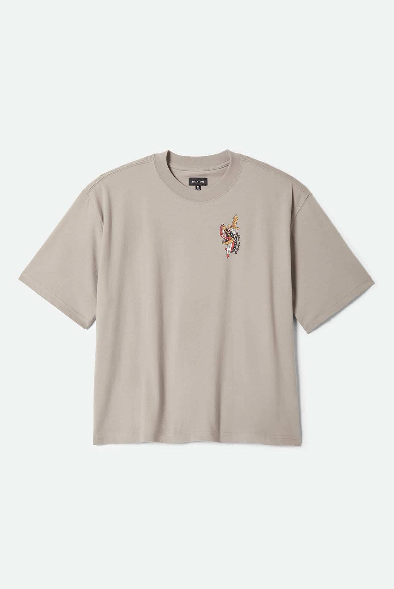 Men's Sword Short Sleeve Boxed Crop T-Shirt in the color Pebble Stone - Front Product Laydown Image