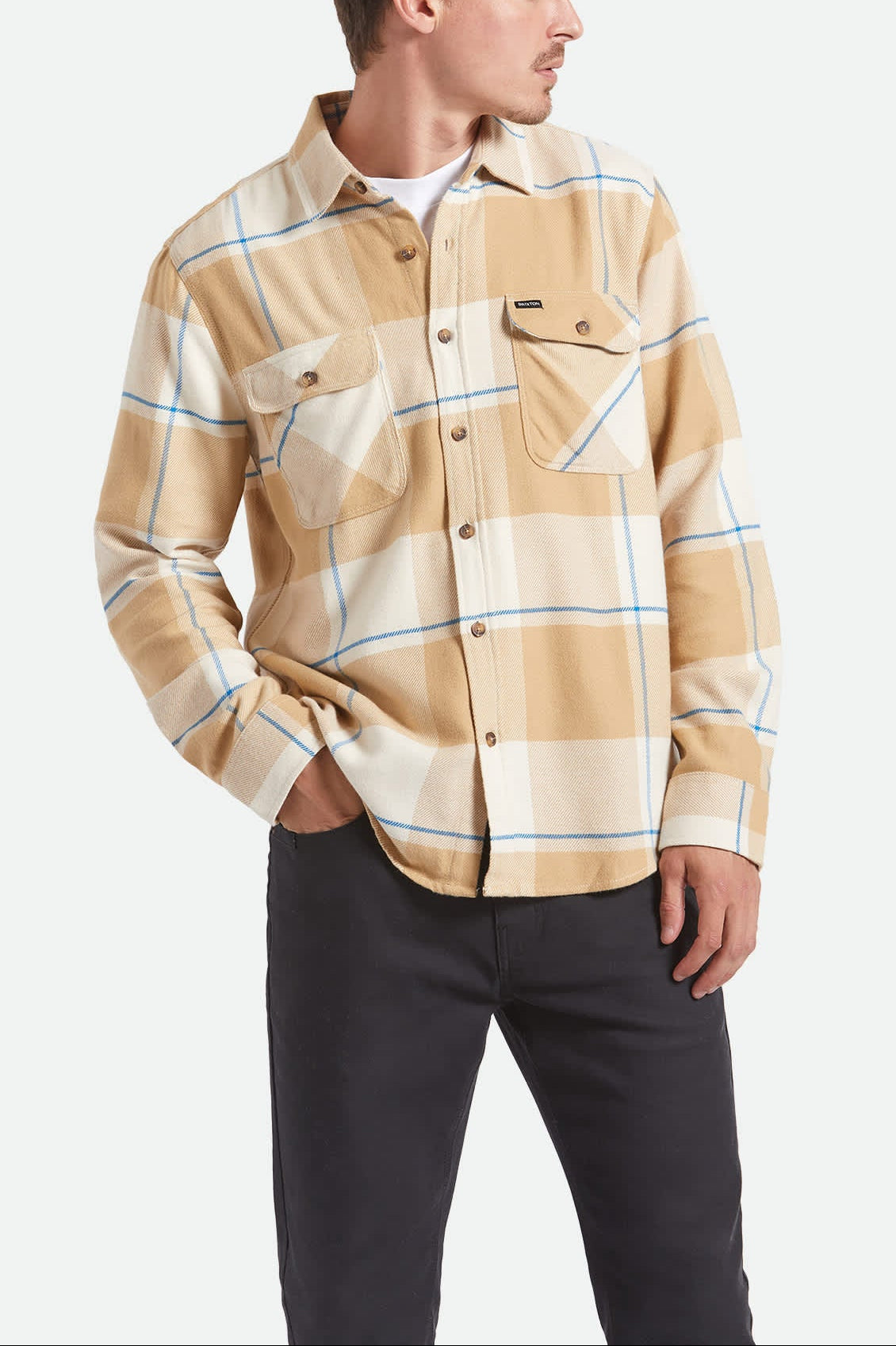 Men's Bowery Flannel in the color Whitecap/Sand/Cyber Blue - Men's Front View