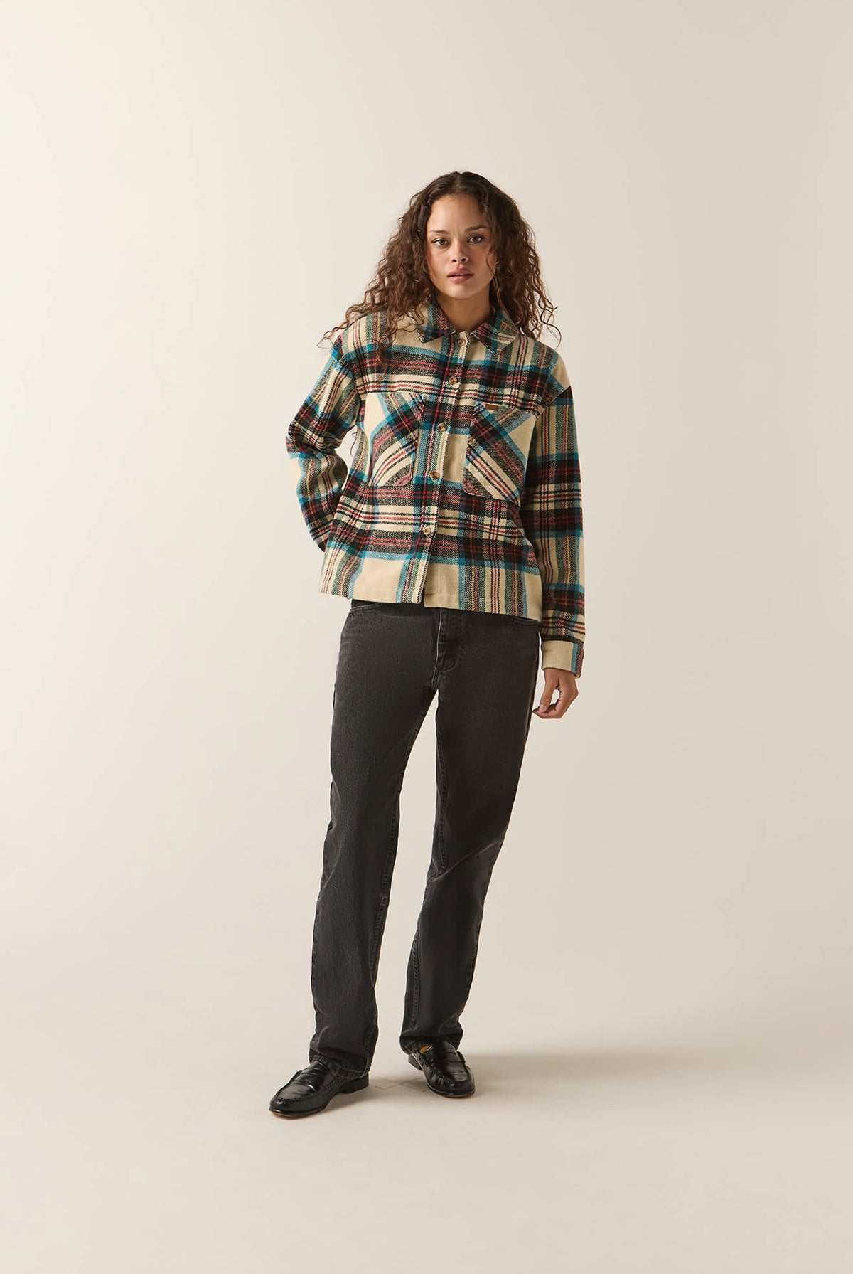 Women's Bowery Women's Soft Brushed Flannel in the color Off White Black/Tranquil Blue - Women's Front Fit Image