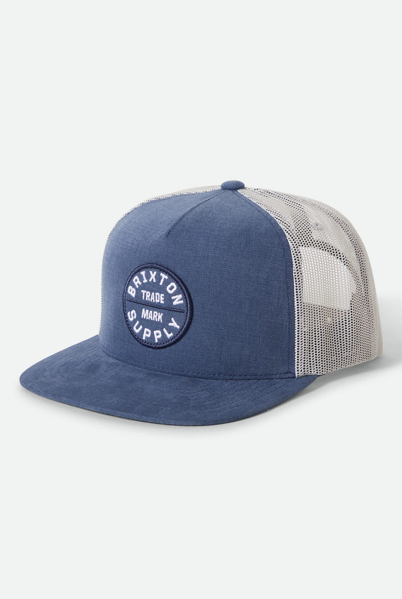 Unisex Oath Trucker Hat in the color Blue Chambray/White - Front Product Laydown Image