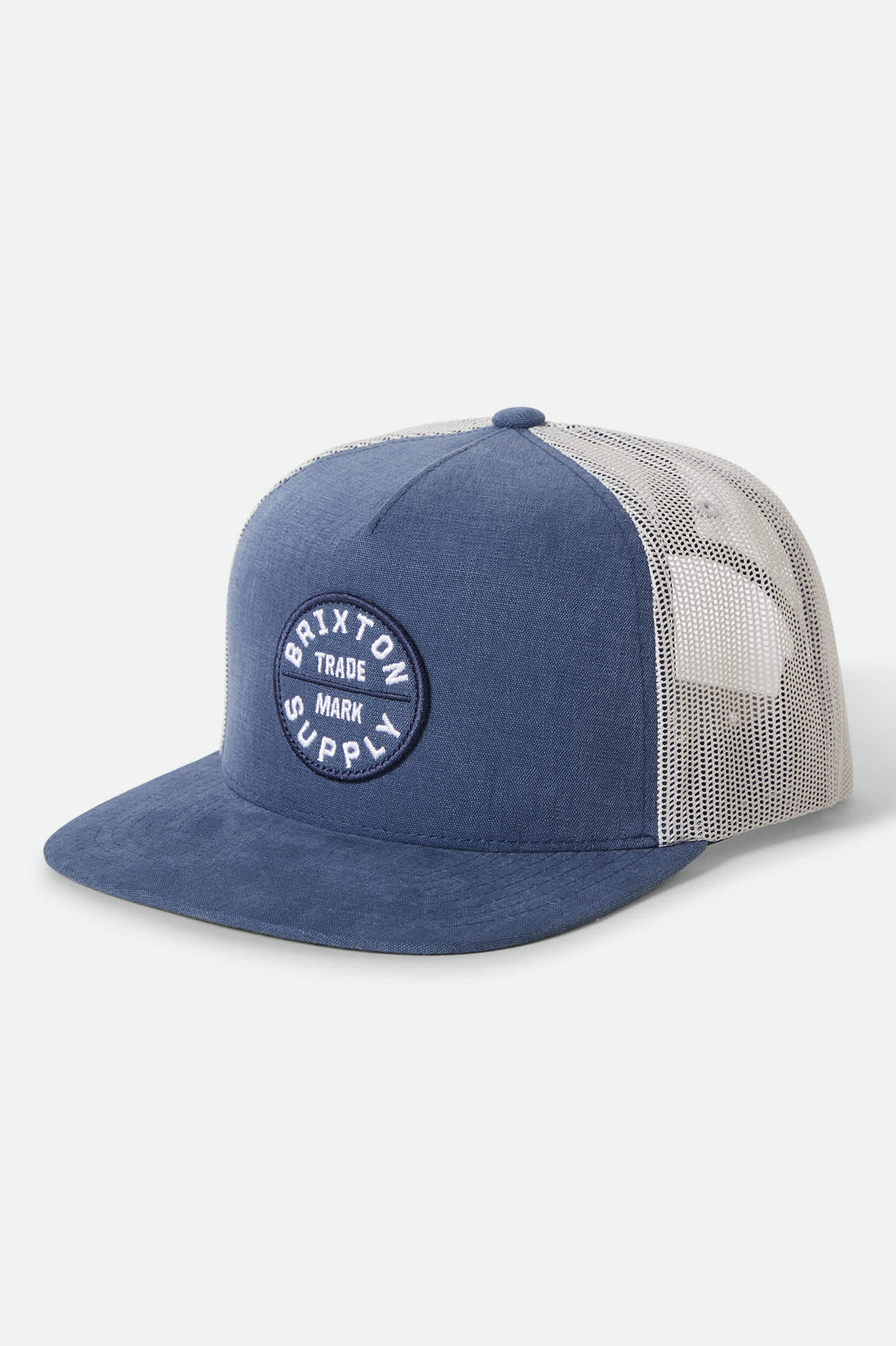Unisex Oath Trucker Hat in the color Blue Chambray/White - Front Product Laydown Image