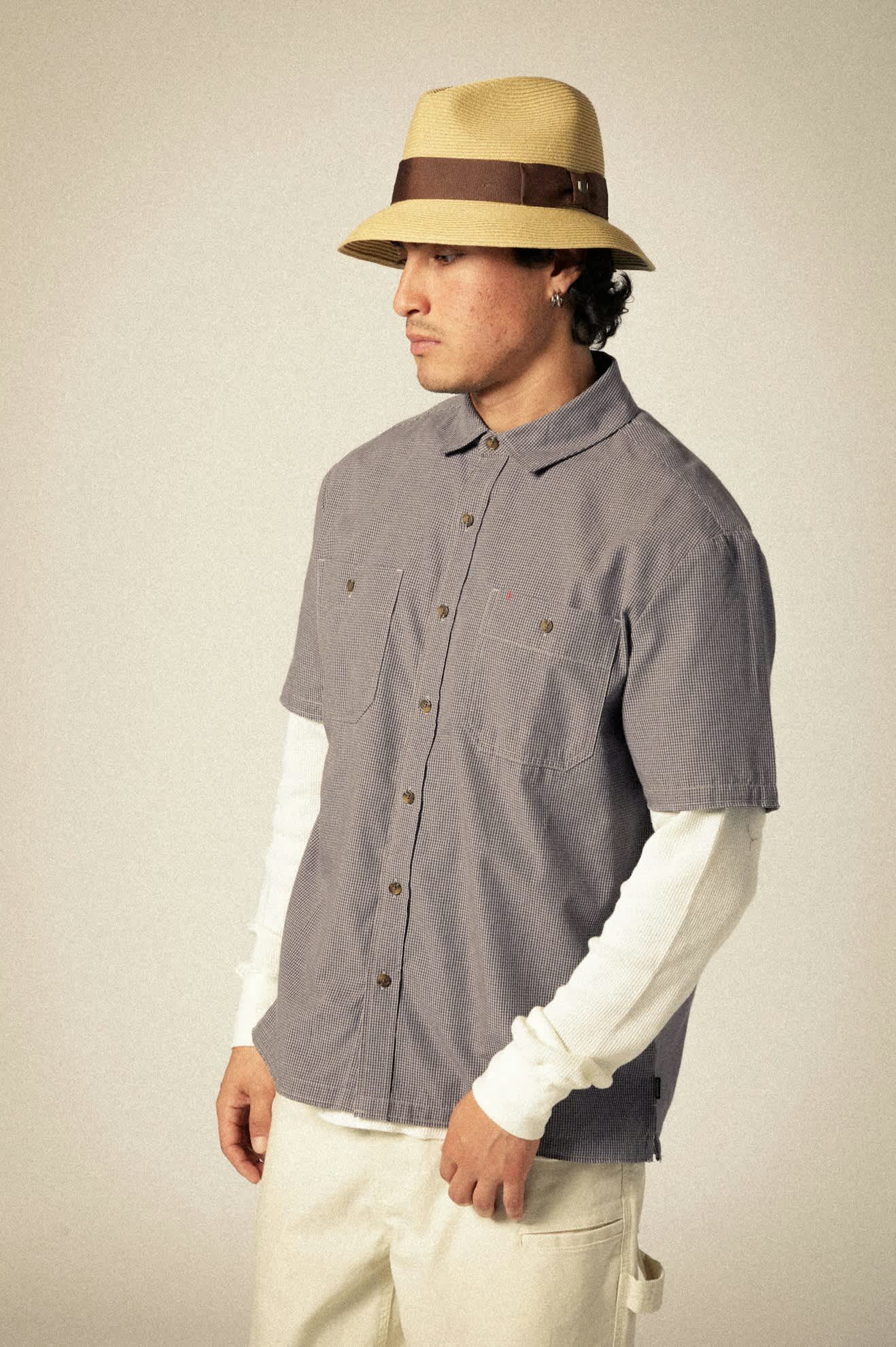 Men's CRU Micro Plaid Relaxed S/S Shirt in the color Washed Navy Micro Plaid - Additional Fit image