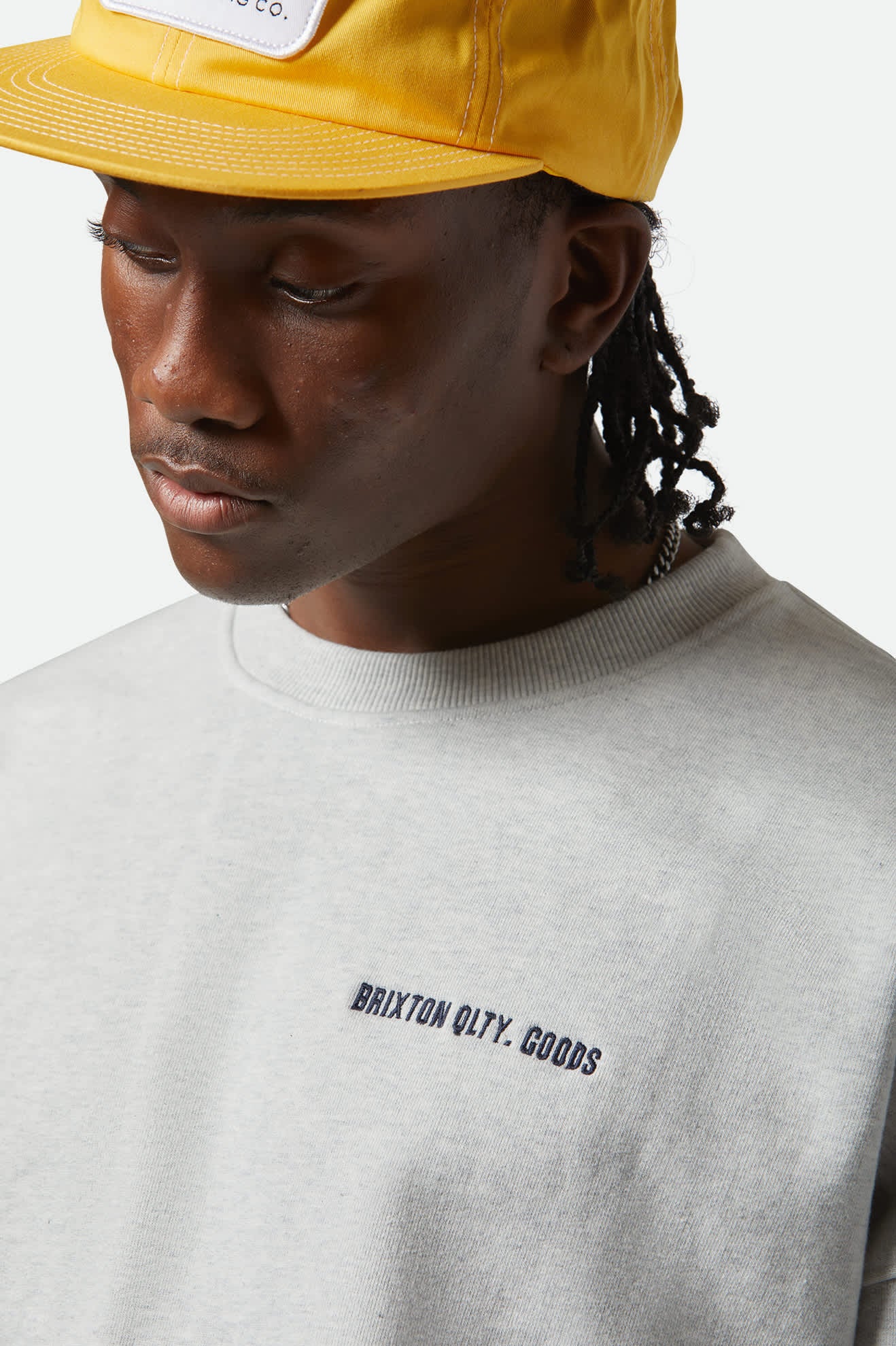 Men's Embroidered Heavyweight Oversized Crew in the color Heather Grey Ash - Additional Fit View