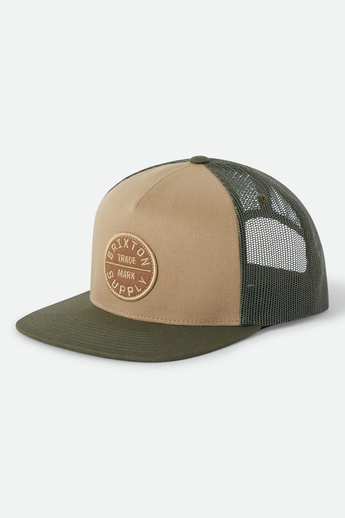 Unisex Oath Trucker Hat in the color Khaki/Dark Olive - Front Product Laydown Image