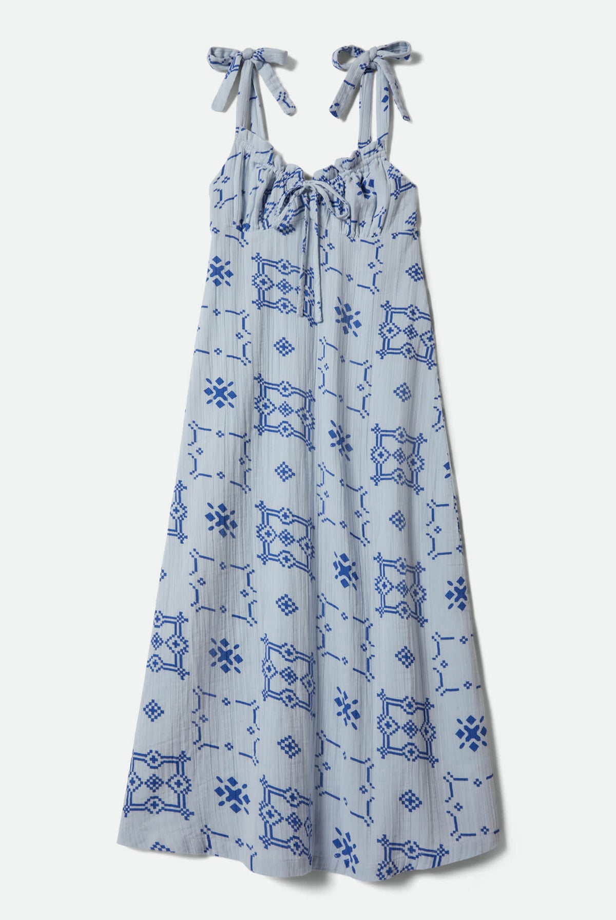 Women's The Tie Dress in the color Aura Blue Tile Print - Front Product View