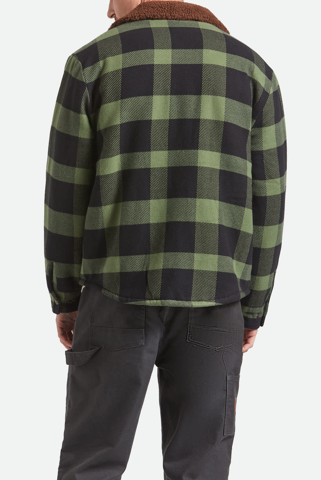 Men's Durham Sherpa Lined Jacket in the color Black/Wild Green Flannel - Men's Back View