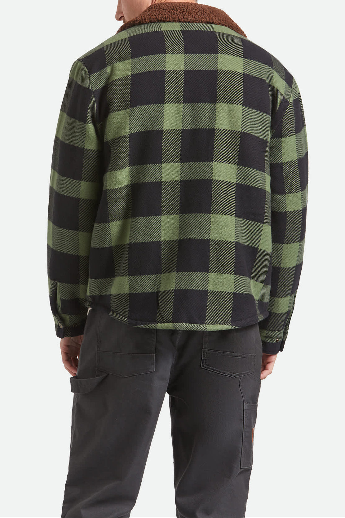 Men's Durham Sherpa Lined Jacket in the color Black/Wild Green Flannel - Men's Back View