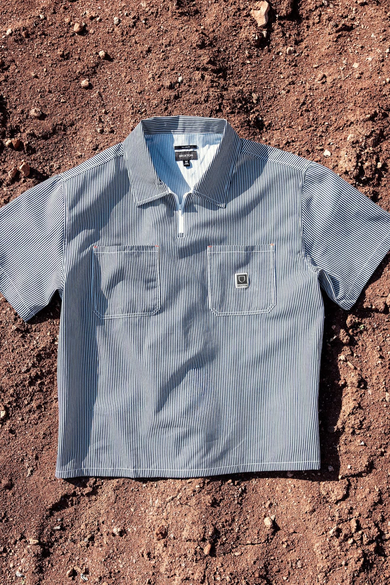 Men's Journey Lightweight 1/2 Zip Cropped Short Sleeve Shirt in the color Navy/White Stripe - Additional Laydown image