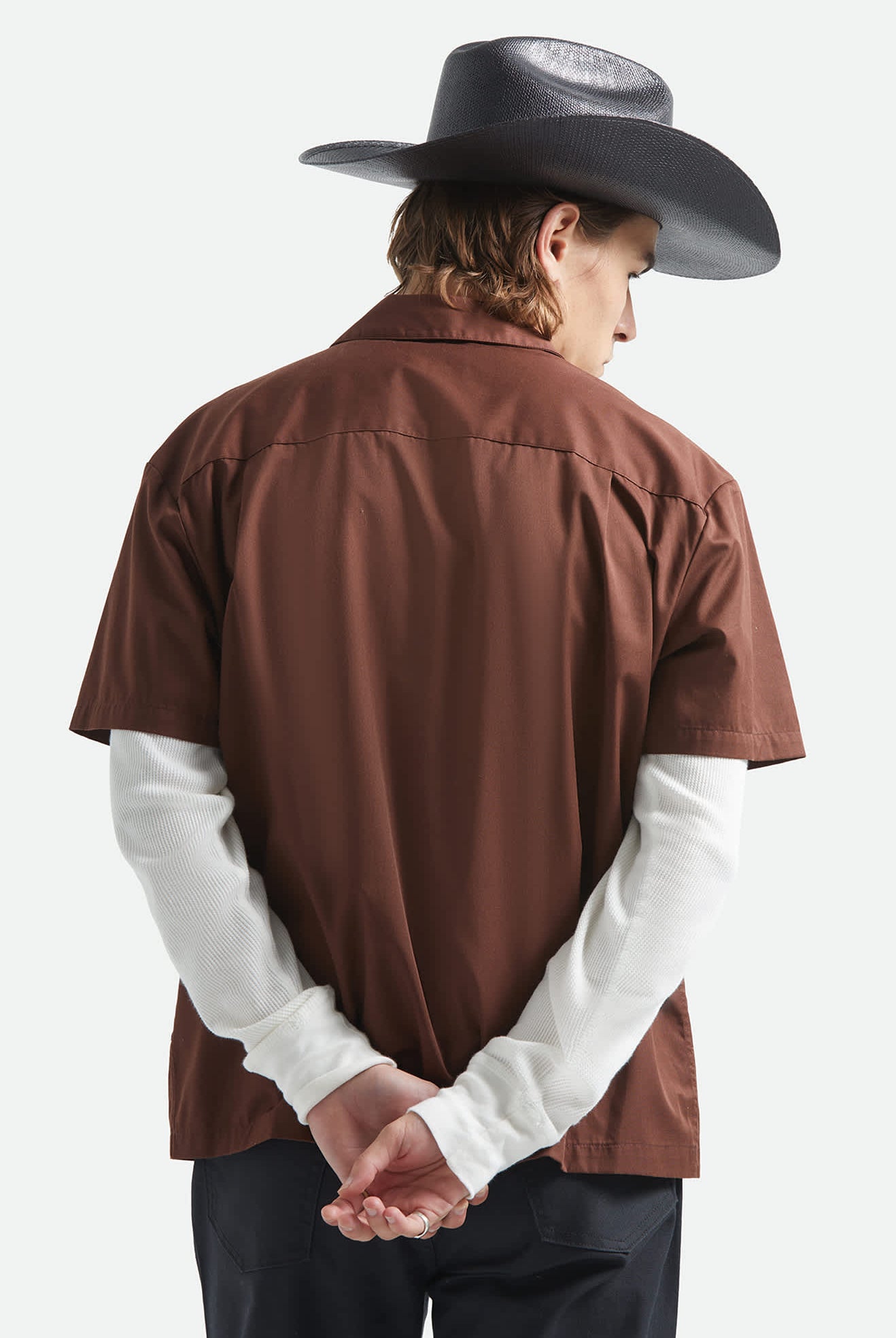 Men's Builders Olson Short Sleeve Shirt in the color Chocolate - Men's Back View