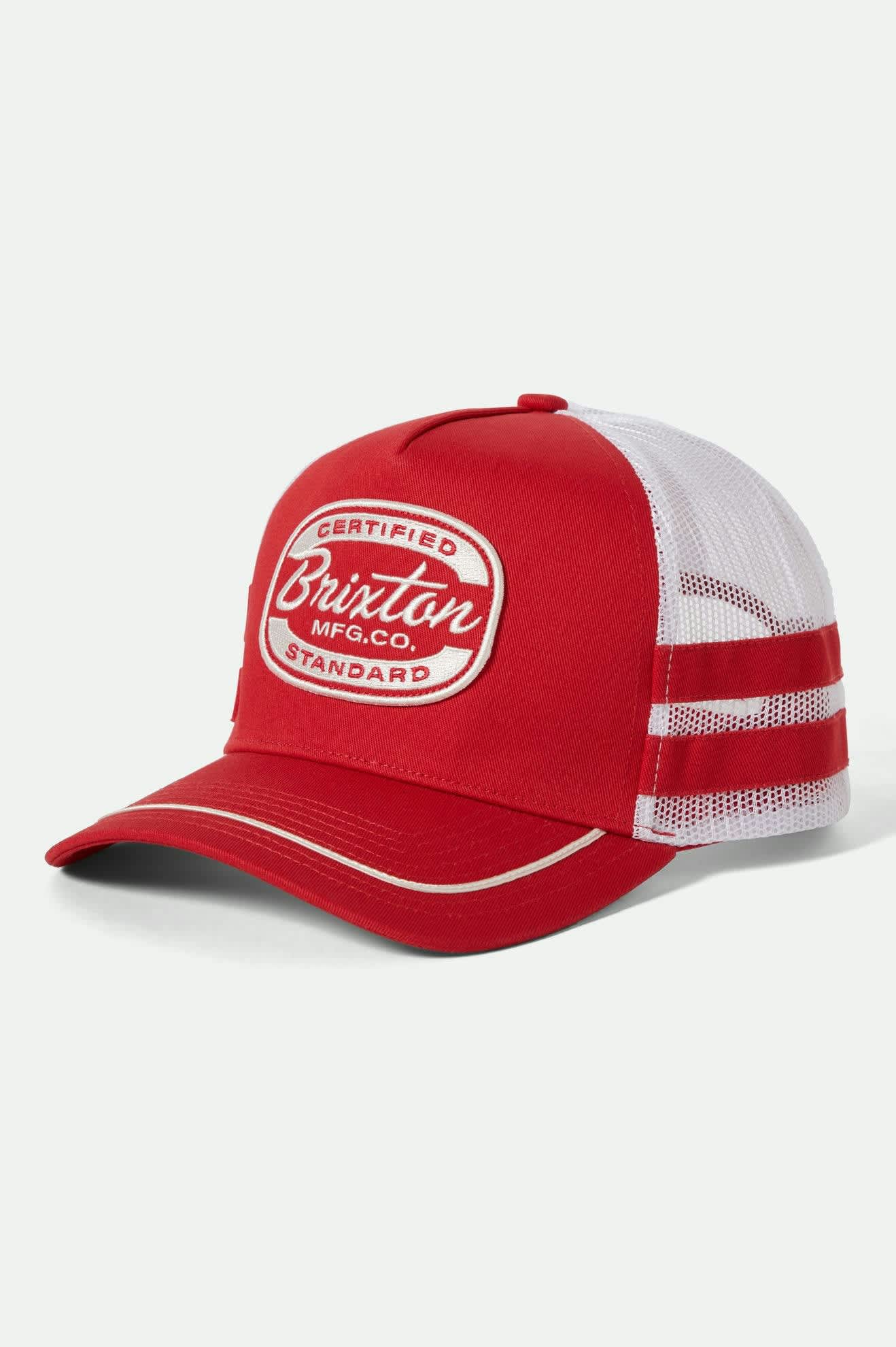 Unisex Copley Netplus Trucker Hat in the color Red/White - Front Product View