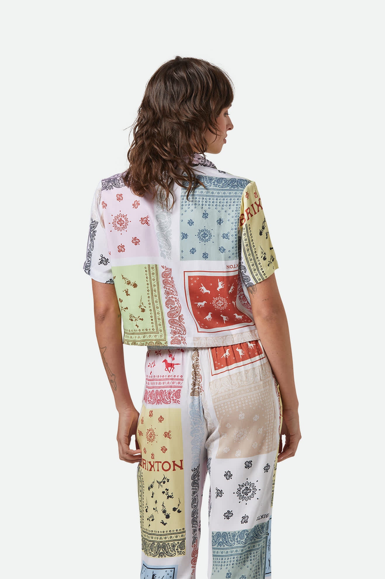 Women's Silky S/S Bowling Button Down in the color Multi Color Bandana - Women's Back View