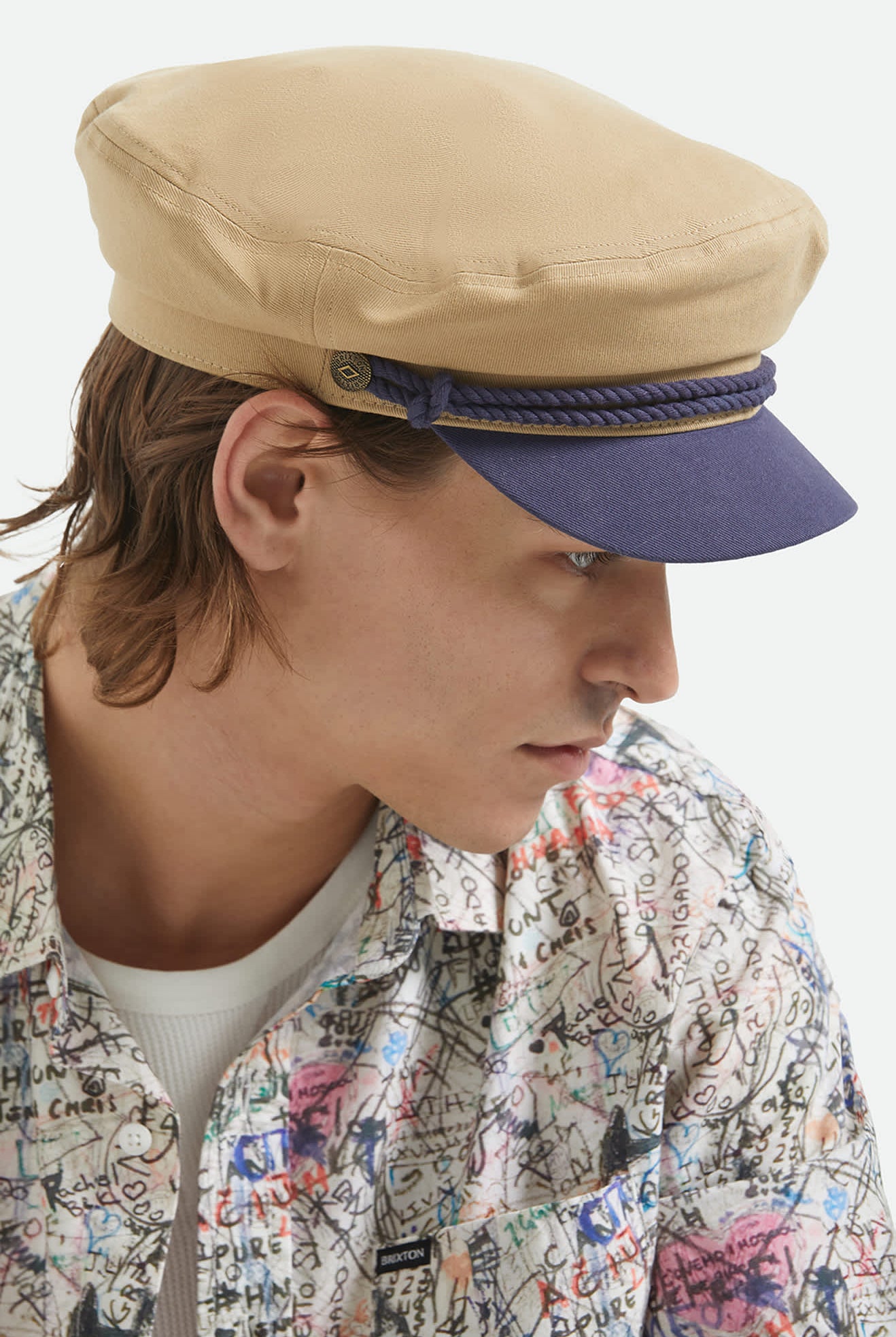 Unisex Fiddler Fisherman Cap in the color Sand/Washed Navy - Additional Fit image