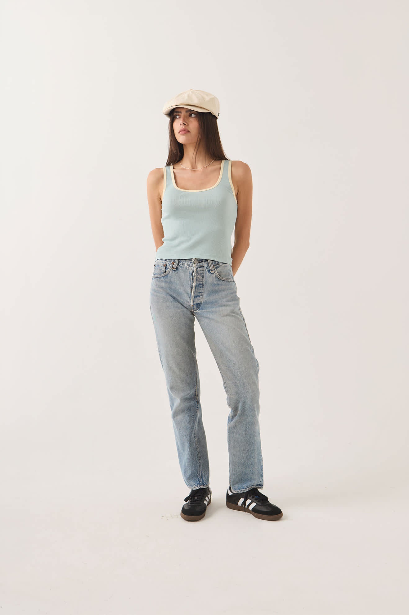 Women's Ringer Organic A-Tank in the color Sea Grass/Waxed Paper - Women's Front Fit Image